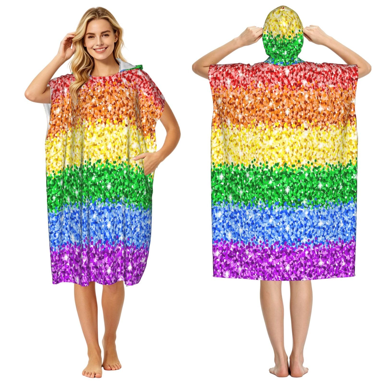 Poadnly Lgbt Sparkle Glitter Pride Flag, Adult Hooded Beach Towel 90 x 110 cm,Changing Bath Robe, Surf Poncho Towel For Women Men
