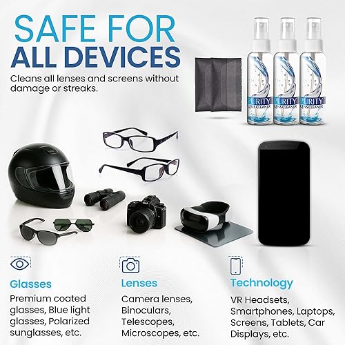 Miniatura 3 de Purity Limpiador de lentes de gafas Kit - 3 botellas de spray limpiador de lentes de viaje de 1 onza + 2 paños de limpieza de microfibra - Seguro