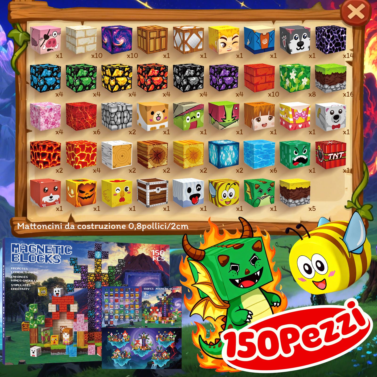 Costruzioni Magnetiche per Bambini 150 PCS 2CM 3+ Giochi Cubi Magnetici, Blocchi Building Blocks Giocattoli Montessori a Partire da 3 4 5 6 7 8 9 10 11 12 Anni Regali di Compleanno per Ragazzi