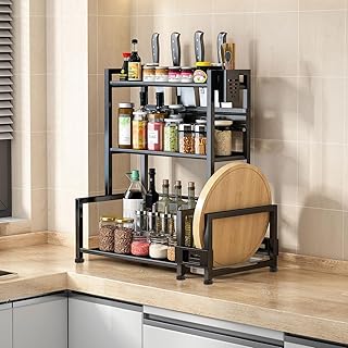 devesanter Spice Rack Standing 3 Tier Large Capacity Spice Jars Kitchen Rack,Spice Racks metal for kitchen Countertop Organizer with 6 Hooks, for Countertop Worktop Cupboard, Black