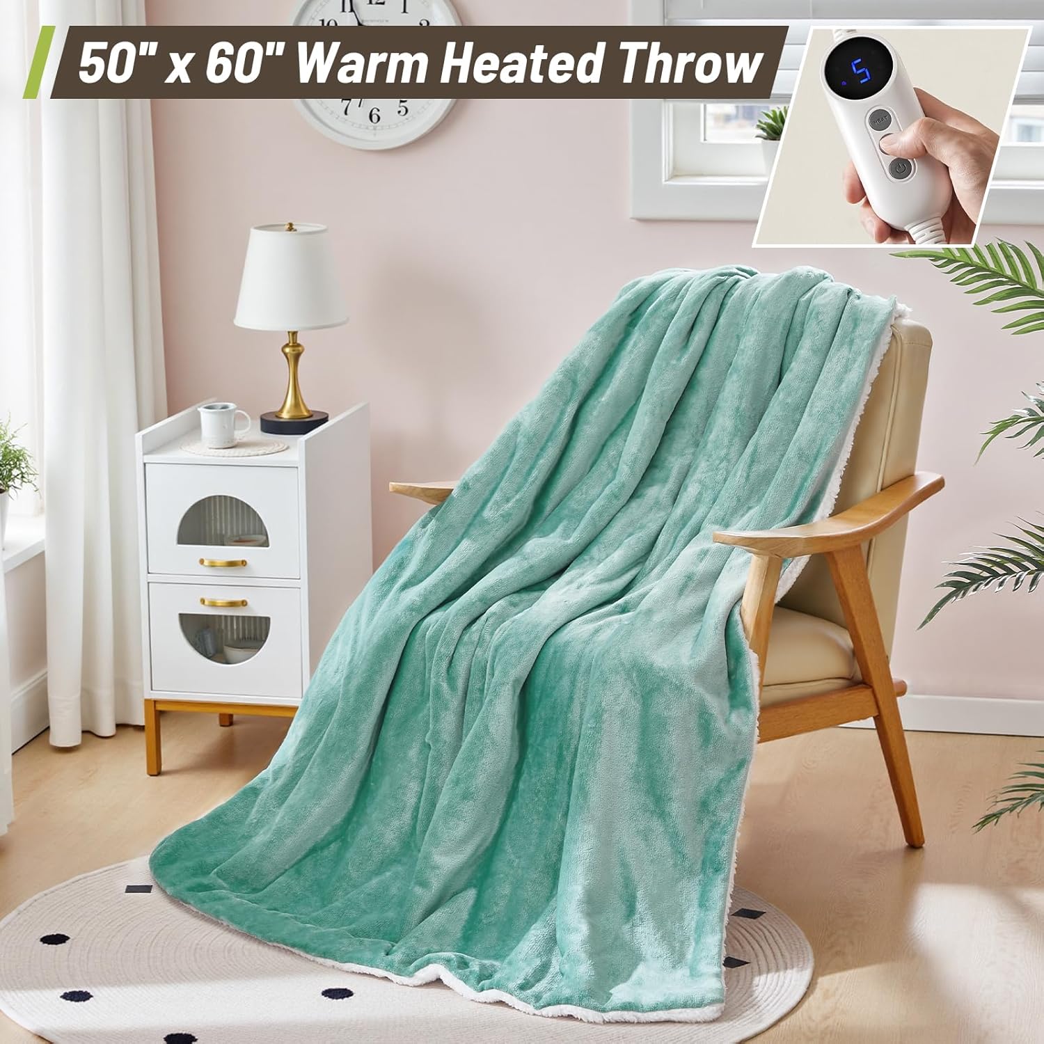 Electric Heated Blanket Throw 50"x60" - Soft Cozy Flannel & Sherpa Fabric Dual-Sided, 9 Heat Settings & 2-10 Hours Auto Off, Warming Heated Throw for Home Office, Machine Washable, Green - Image 6