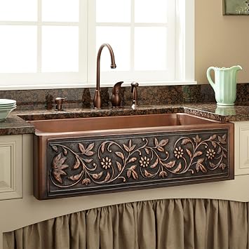 Signature Hardware 318918 32-3/4" Vine Design Farmhouse Single Basin Copper Kitchen Sink