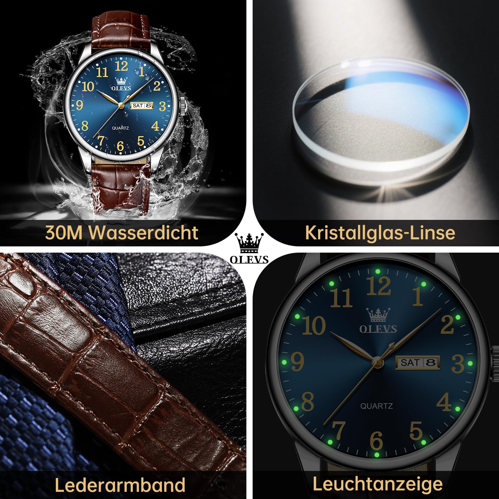 OLEVS Lederuhr für Herren, Edelstahl Analog Quarz Uhr, Klassisches Geschäfts-Kleid Uhr, Wasserdicht Leuchtend Tag Datum Armbanduhr