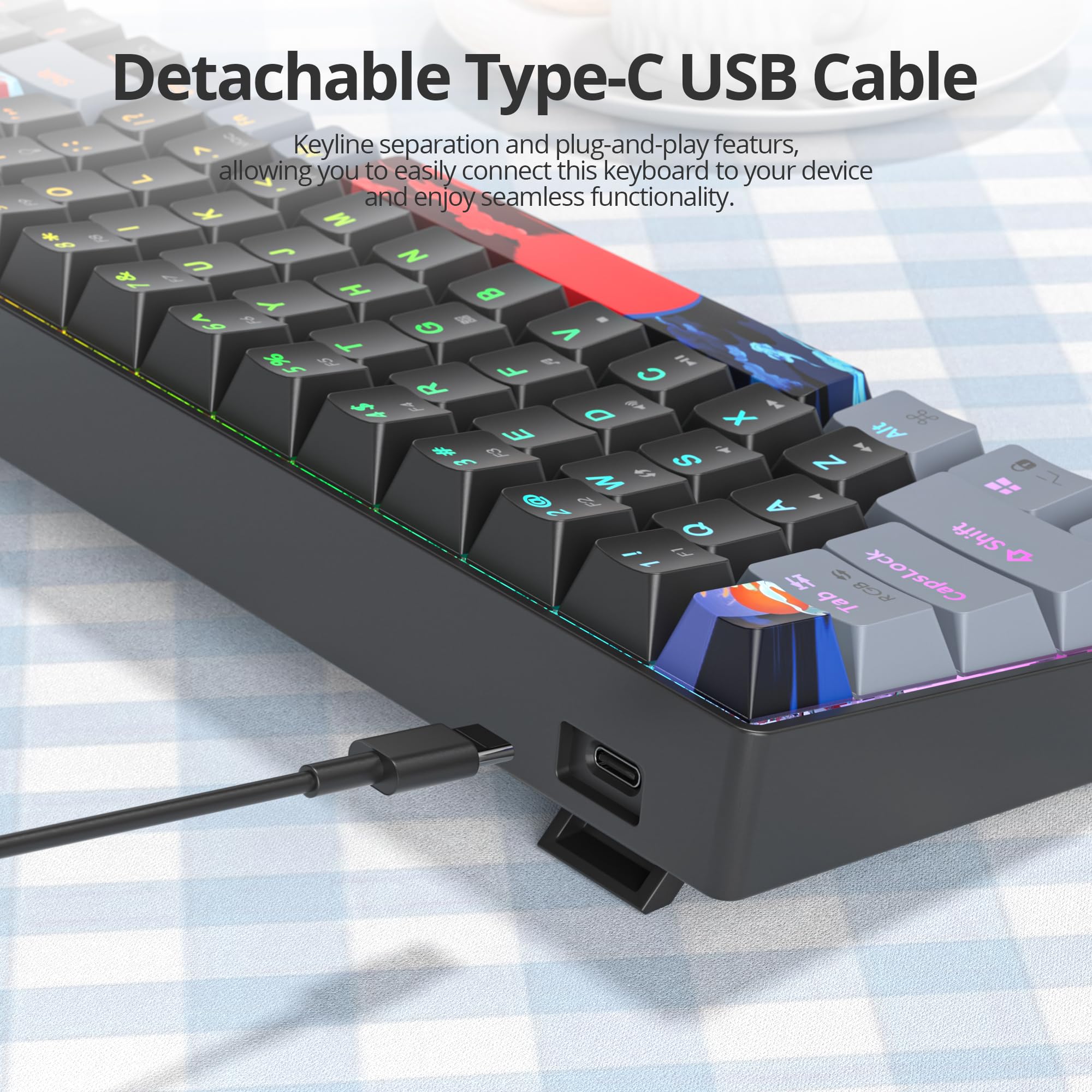 Teclado Mecánico 60%，American QWERTY Layout 68 Teclas Teclado Gaming Retroiluminado RGB, Cableado PBT Keycaps, Compatible con PS5/PS4/Xbox
