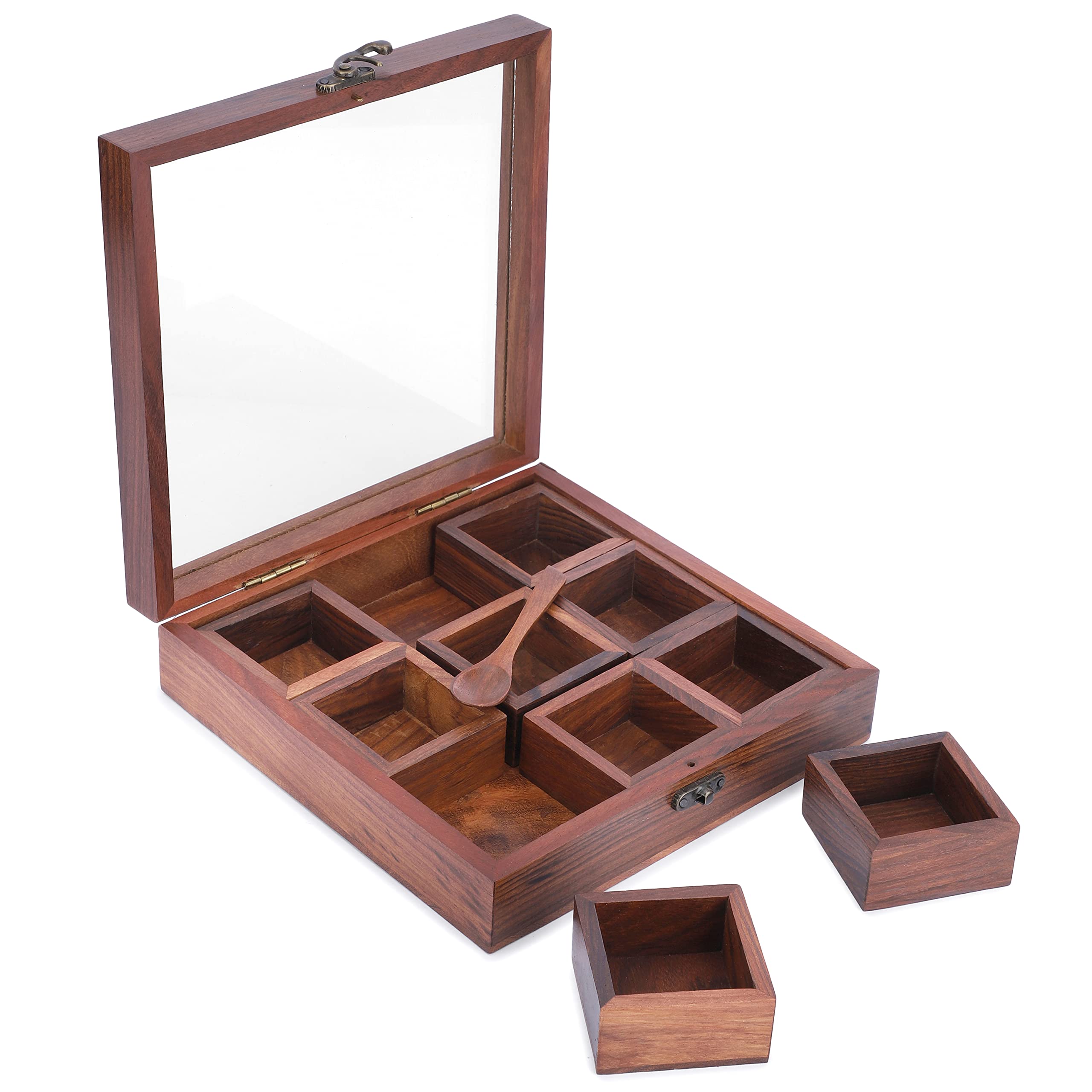 Ajuny Scatola Porta Spezie in Legno 9x9 pollici - Organizer Decorativo per Masala Dabba con Coperchio in Vetro, 9 Scomparti e Cucchiaio, Ideale per Condimenti ed Erbe Aromatiche, Regalo