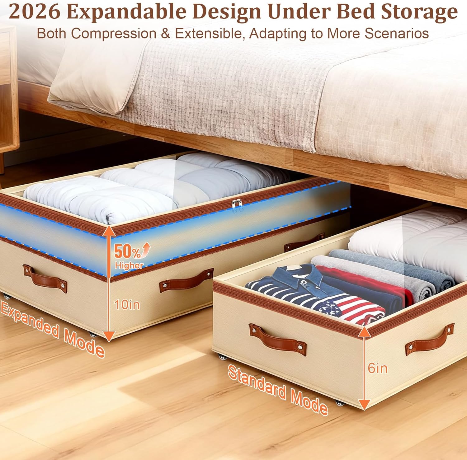 Dolicer 6 Packs Beige Under Bed Storage with Wheels 92L Under Bed Drawers Rolling Bin