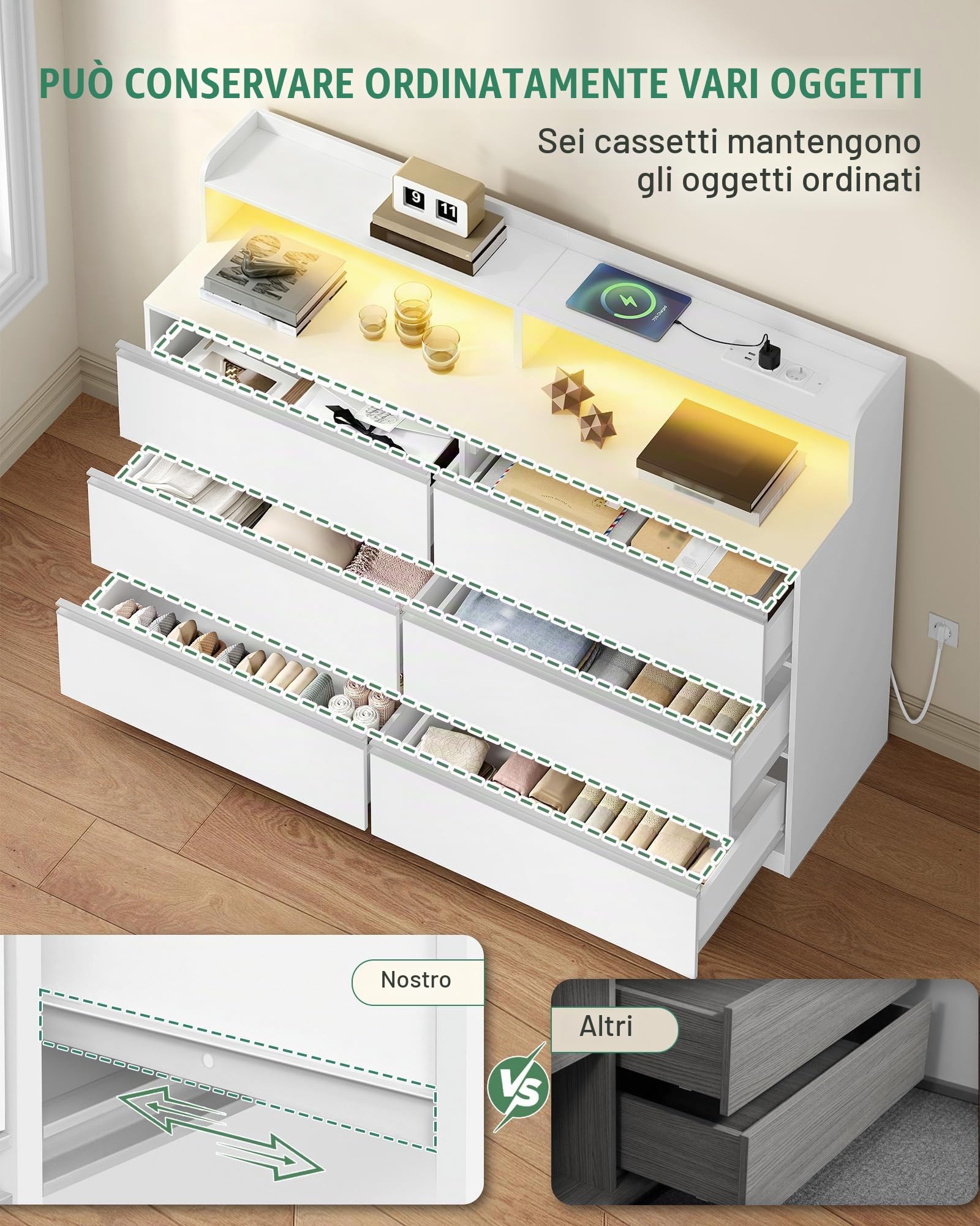 Hzuaner Cassettiera con LED e Presa Multipla, Mobile con Cassett, 6 Cassetti, Piano Superiore Portaoggetti sulla Cassettiera, per Camera da letto, Armadio e Ingresso 40 x 140 x 95 cm Bianco 1214003XEU