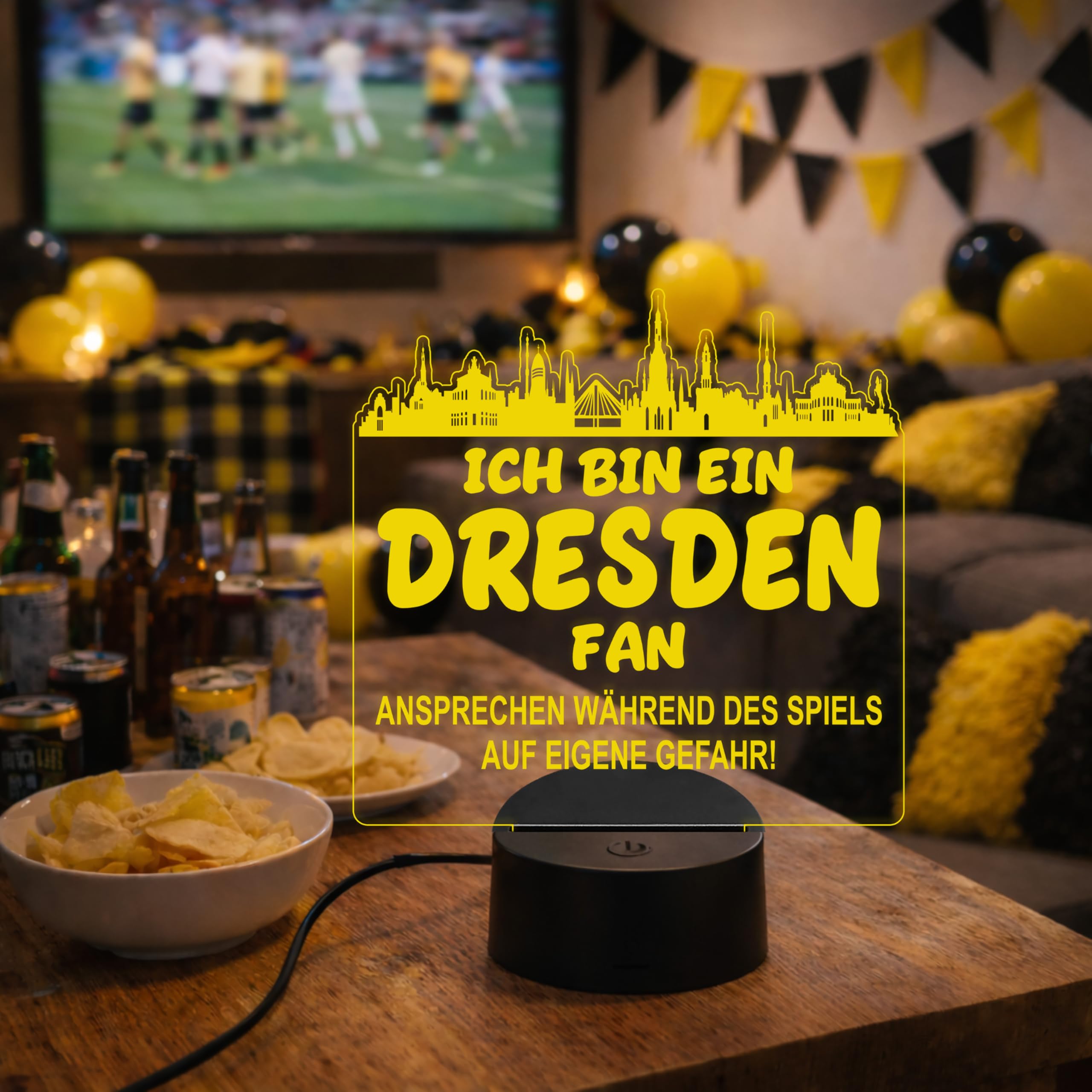 Lieblingsmensch Dresden Fan Fußball LED Nachtlicht – 3D Skyline Design „Ansprechen auf eigene Gefahr“ – RGB Farbwechsel mit Fernbedienung & Touch – Stimmungslicht für die Man Cave – 19x23cm