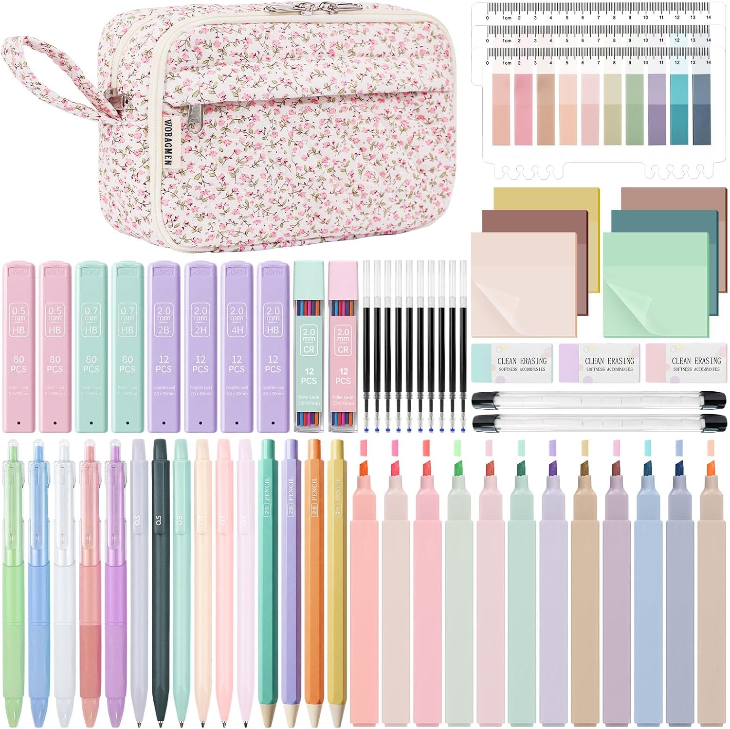 WOBAGMEN 62PCS Aesthetic School Supplies with Quilted Pencil Case, Pastel Highlighters, Gel Pens Mechanical Pencils Set, Cute Back to School Supplies, College Essentials(Pink Floral, M)