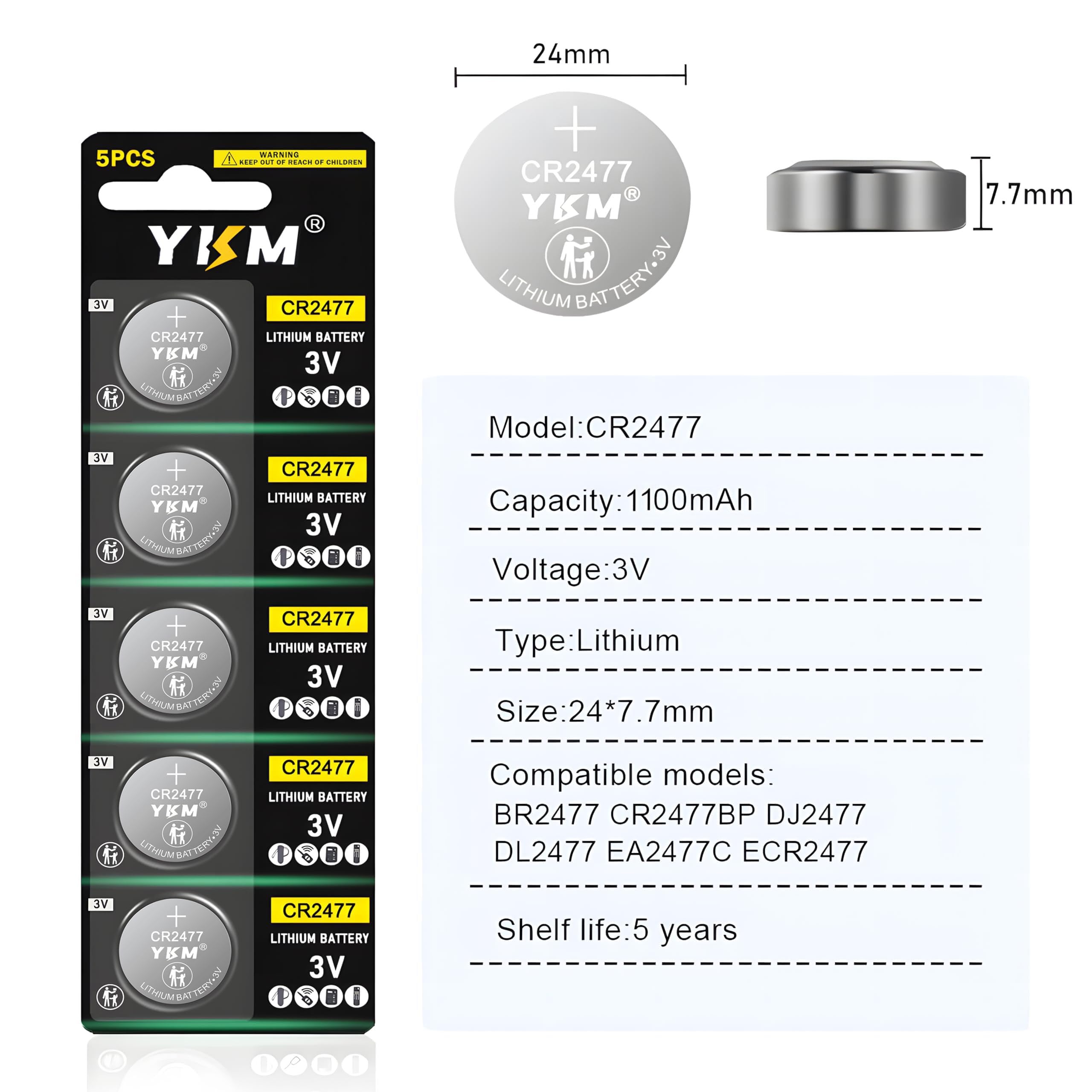 YKM High Capacity CR2477 3V Lithium Battery DL2477 ECR2477 2477 Button Coin Cell Battery for Temperature Sensor Smart Thermostat Thermometer Motion Detector 5 Pack