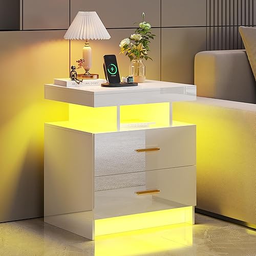 Miniatura 18 de HNEBC Mesita de noche LED, mesita de noche negra con estación de carga, USB + tipo C + carga inalámbrica, mesita de noche inteligente con sensor