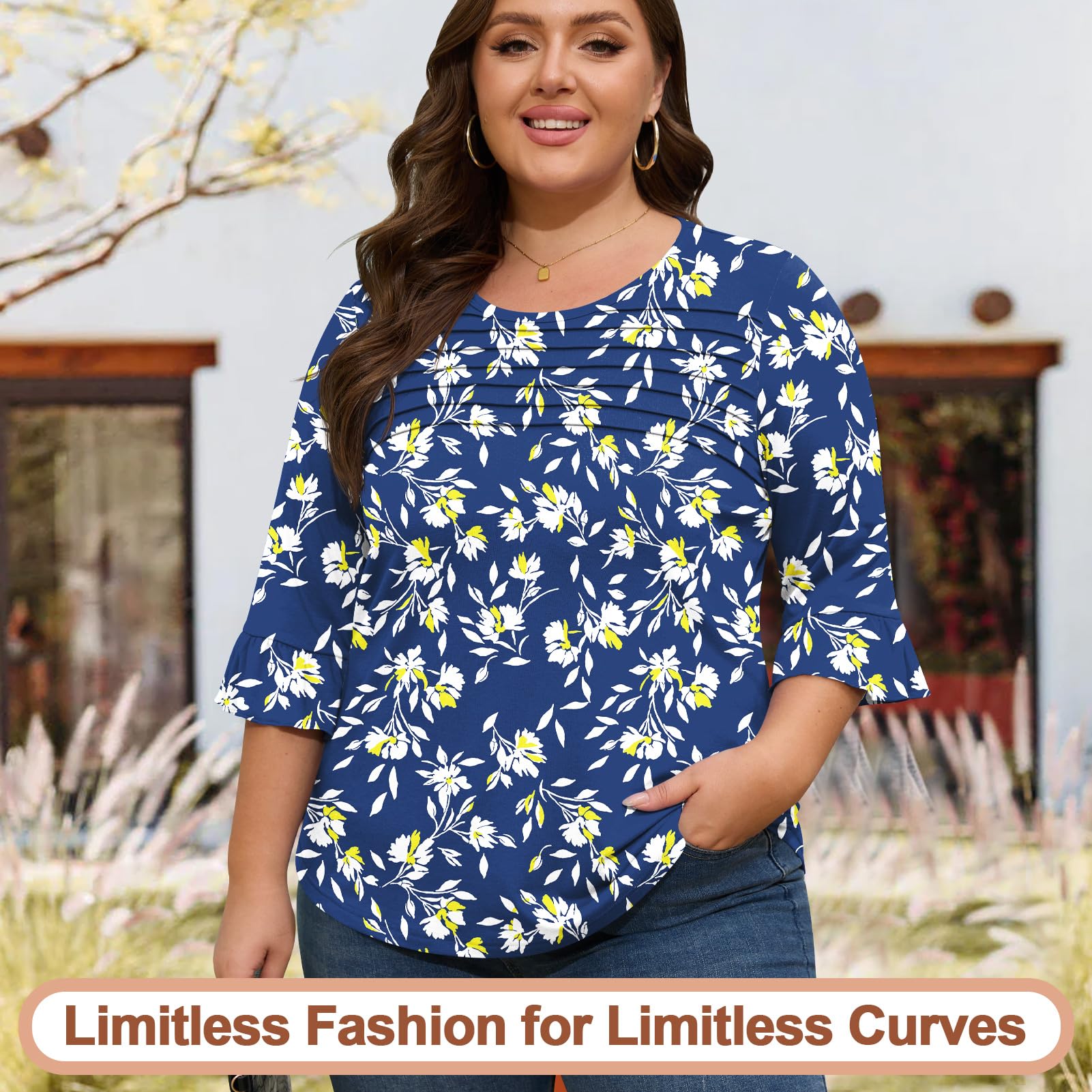 Blingfit Blusa de manga 3/4 para mujer, estilo casual, con volantes, manga acampanada, plisada, a la moda, para verano