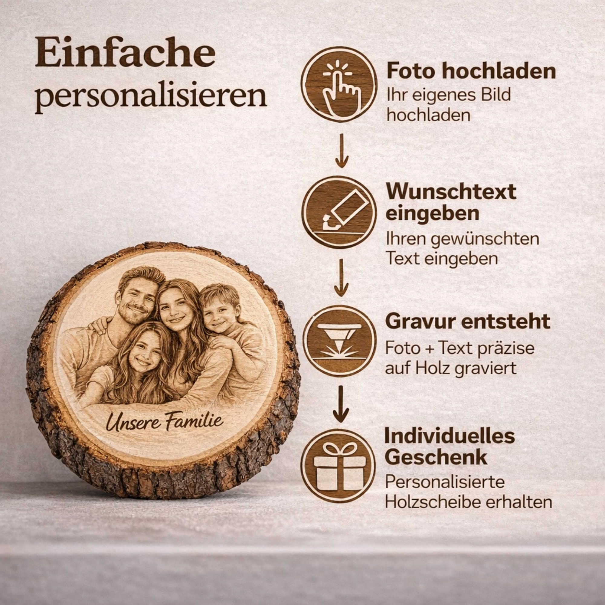 Personalisierte Holzscheibe mit Foto und Wunschtext 20-23 cm gravierte Baumscheibe aus Erlenholz mit Rinde Fotogravur auf Holz