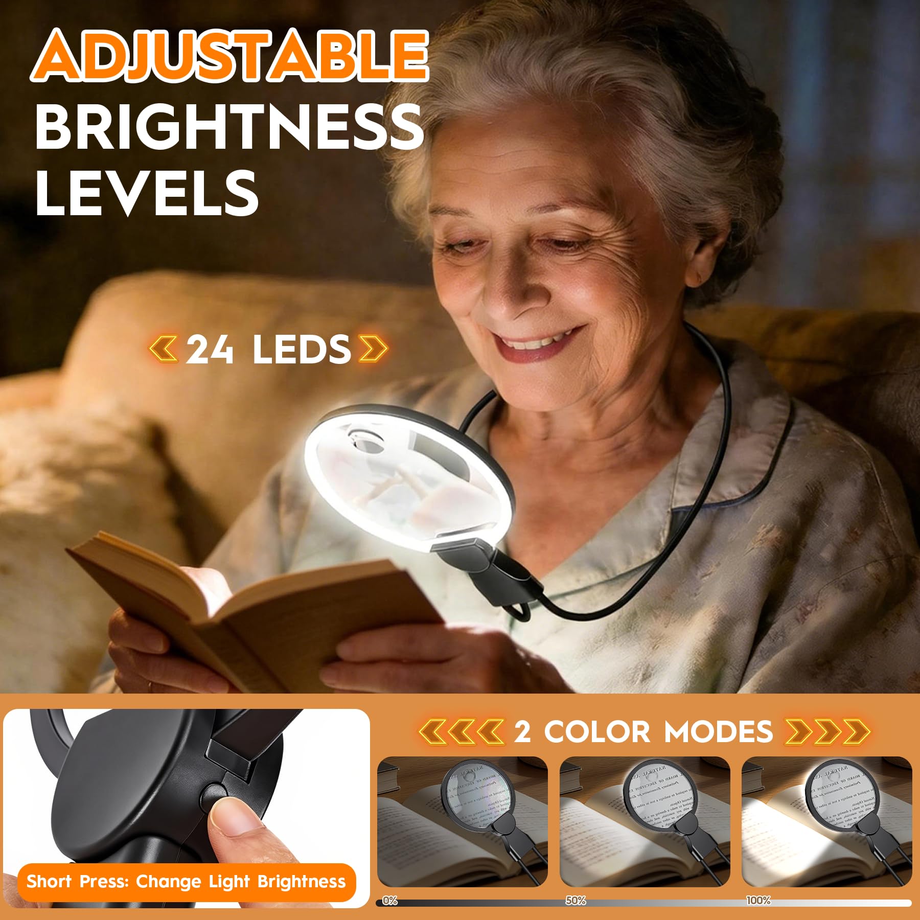 Lupa de Cuello Manos Libres con luz, Lupa 3X de 5.5 Pulgadas para Trabajo cercano, Lectura, Costura y Manualidades, 3 lupas pequeñas, Ideal para Personas Mayores y Baja visión