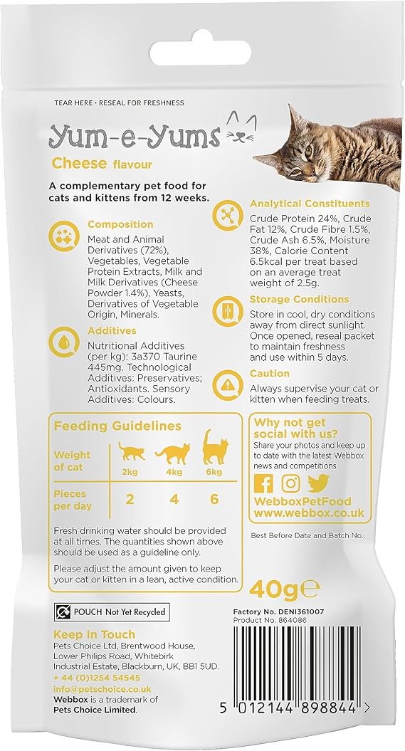 Webbox Yum-e-Yums Semi-Moist Cat Treats, Cheese - Kitten Friendly, Added Taurine, Wheat and Grain Free Recipe with No Artificial Colours (9 x 40g Bags)
