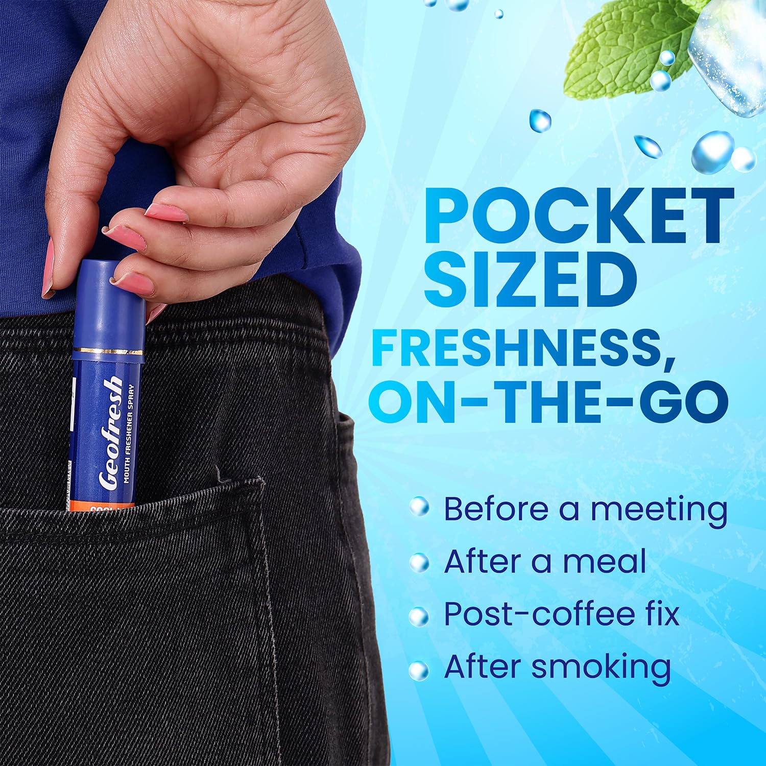 Geofresh Cool Mint Mouth Freshener | Eliminated Bad Breath in Seconds | Power of 150+ Sprays in a Bottle | Fights Odour & Supports Oral Hygiene | Alcohol-Free | Pocket Friendly with Invigorating Freshness Pack of 2 (15g each) 2