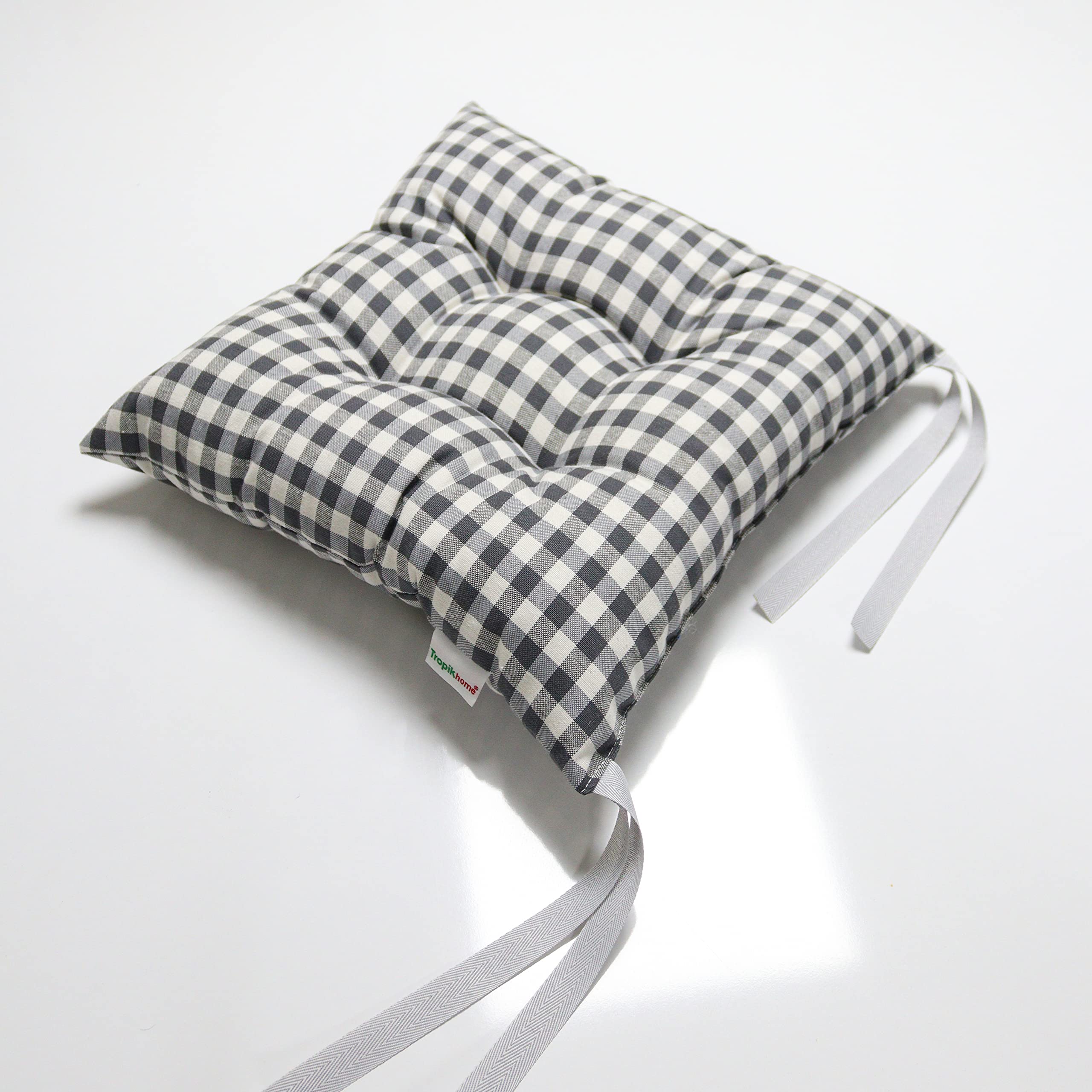 Tropik Home Colourful Seat Pads, Garden Kitchen Dining Chair Cushions Tie On (Charcoal Gingham)