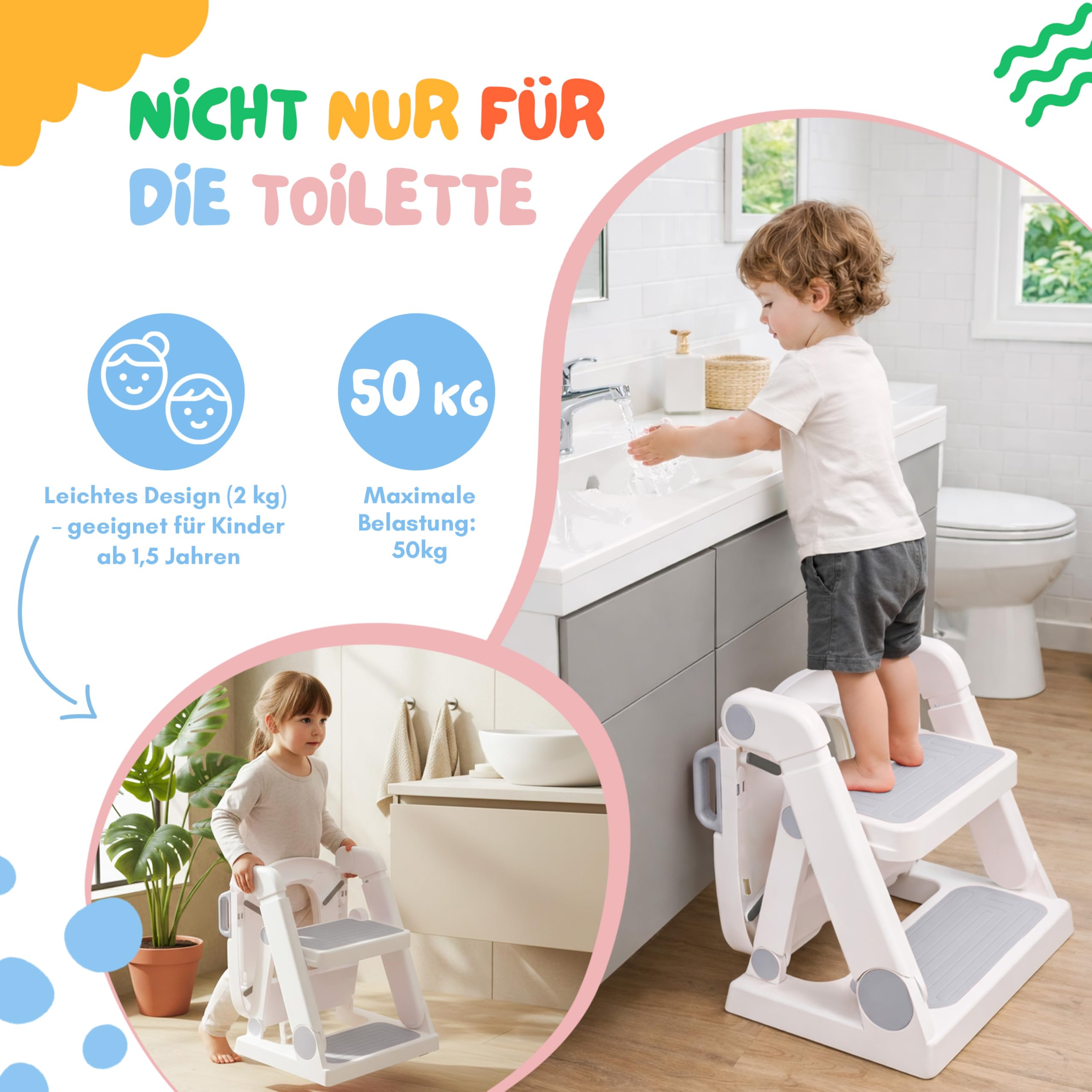 Toilettensitz Kinder mit Treppe Grau - 2-in-1 Toilettentrainer | Toilettentreppe für Jungen und Mädchen Höhenverstellbar & Rutschfest Vormontiert und Faltbar