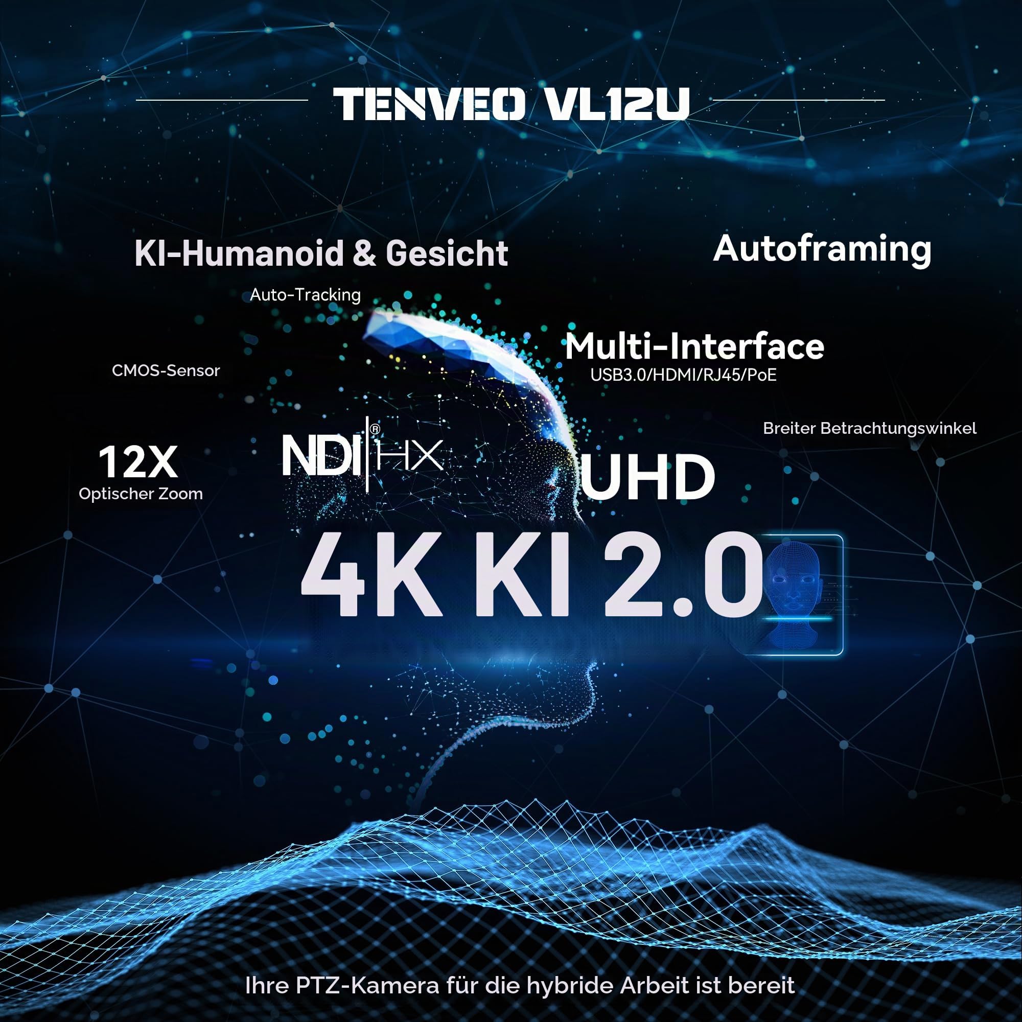 Tenveo 4K PTZ Kamera mit NDI & AI-Tracking – 12x Optischer Zoom, USB3.0/HDMI/PoE, für Live-Streaming (OBS/vMix), Kirchen, Konferenzen