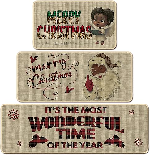 Juego de 3 alfombras de cocina de Navidad, Papá Noel, afroamericano, Papá Noel, tapete de cocina de Papá Noel afroamericano, Feliz Navidad,