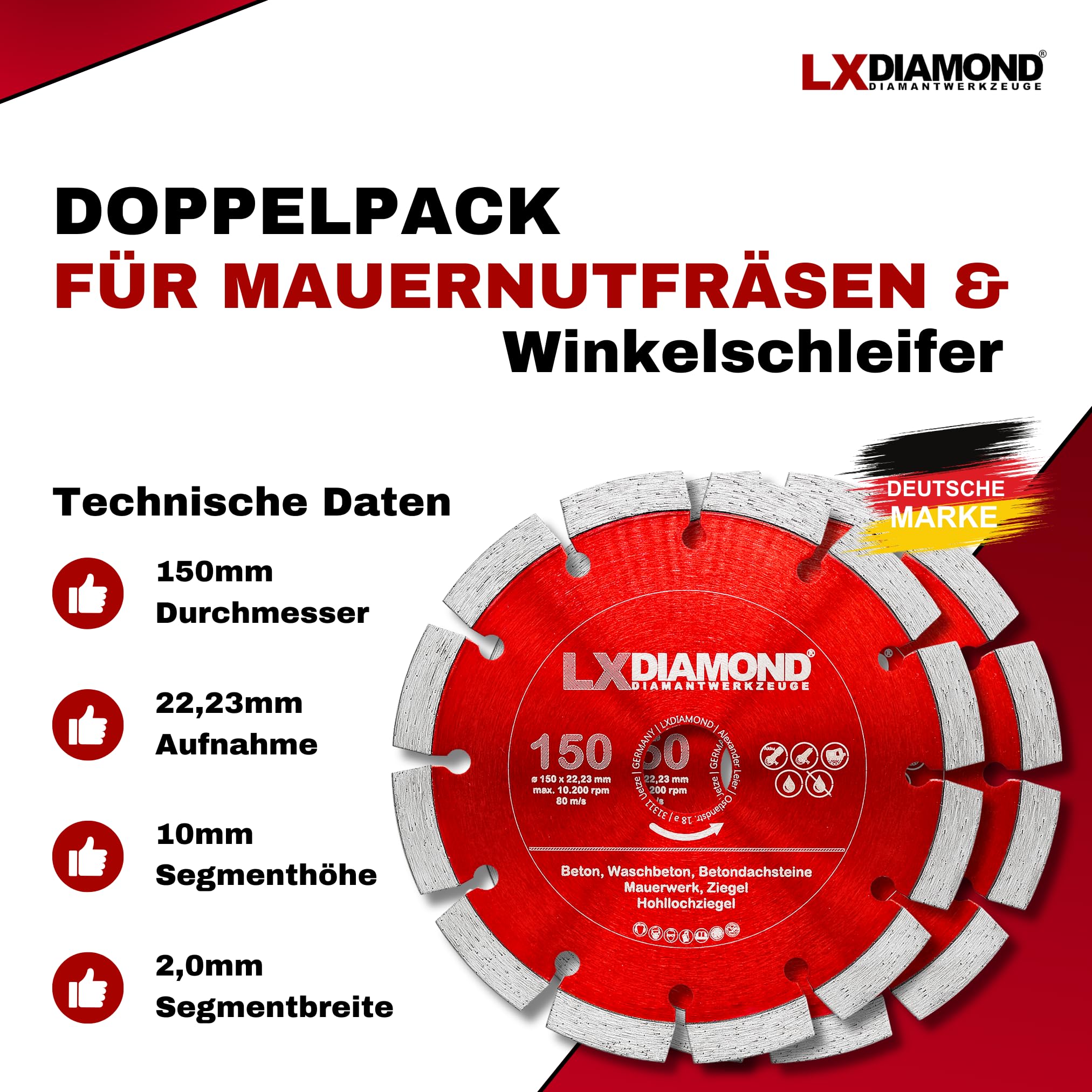 2x Diamant-Trennscheibe 150mm x 22,23mm für Winkelschleifer Mauernutfräse Schlitzfräse - 150mm Diamantscheibe für Stein Beton Ziegel Mauerwerk - 150 mm Steinscheibe in Profi Qualität