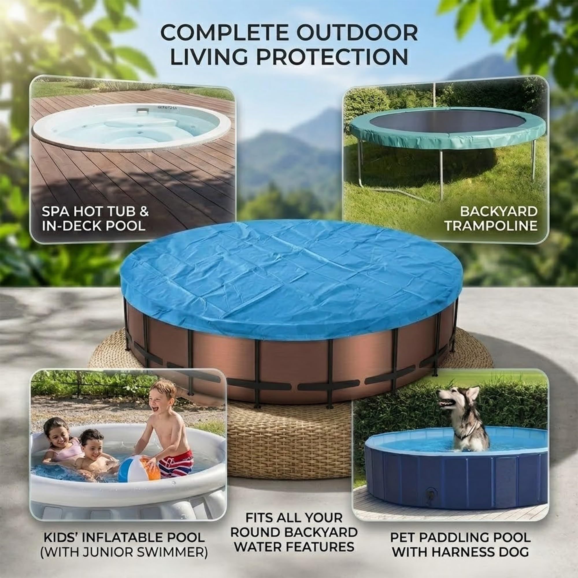 Copertura per Piscina Rotonda Tessuto, Resistente ai Raggi UV Impermeabile Antipolvere, Copertina Protettiva per Piscina Fuori Terra Resistente al Freddo e agli(Blue,D 366 x H 20 cm)