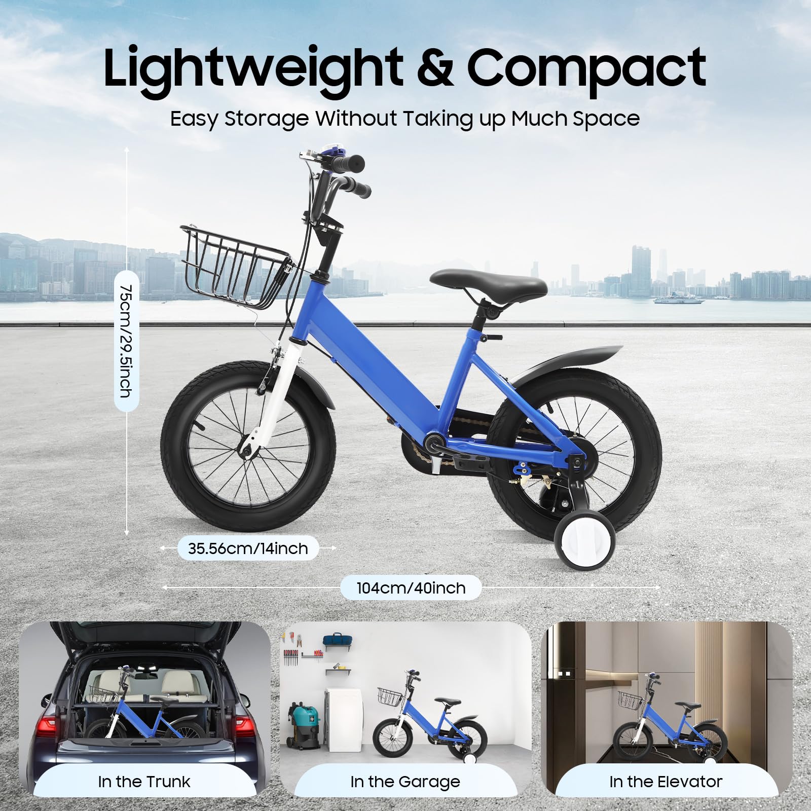 Vélo enfant 14 pouces pour garçons et filles à partir de 3 à 7 ans, vélo amélioré avec roues stabilisatrices et panier, hauteur réglable, pour garçons et filles, bleu