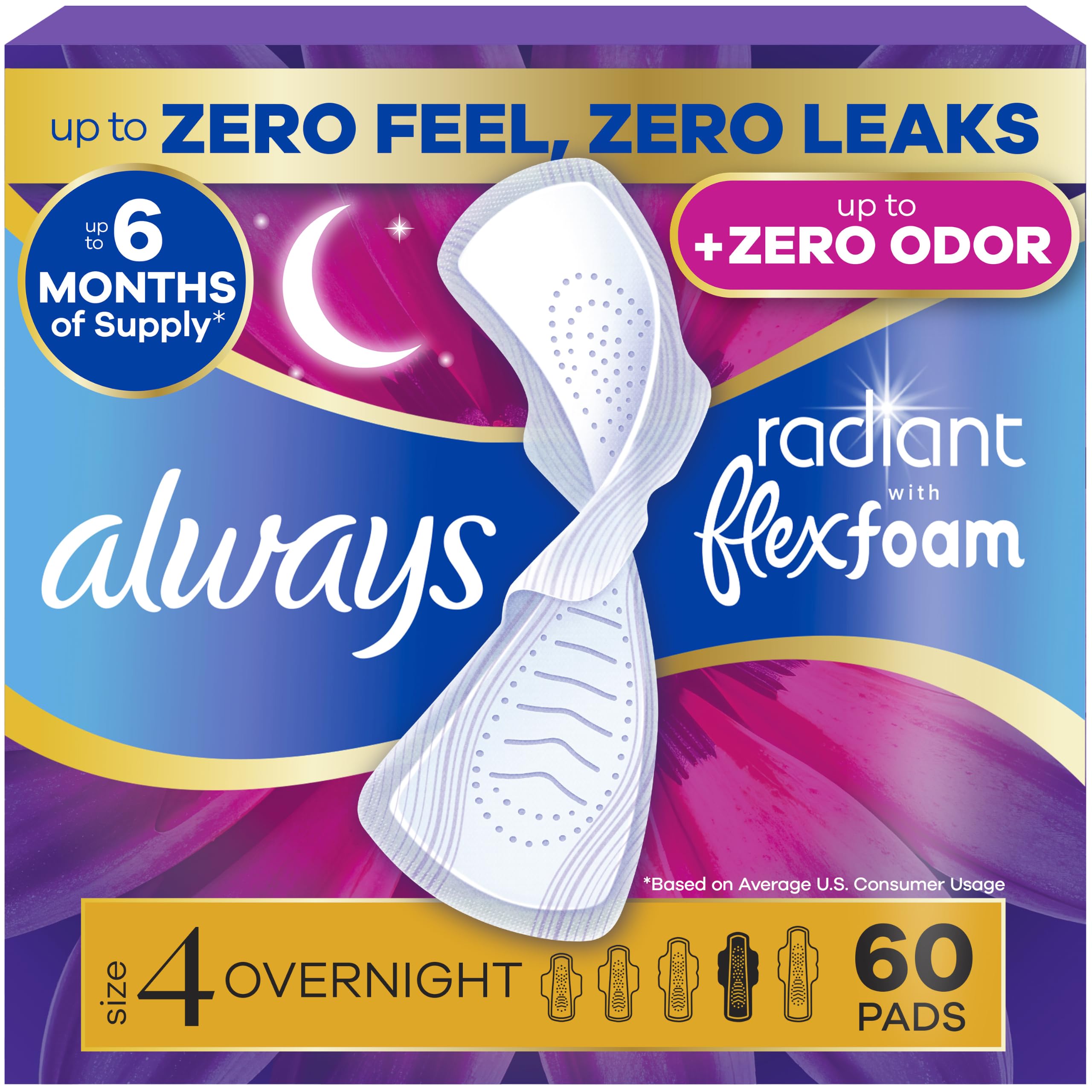 Always Radiant with FlexFoam Pads for Women, Size 4, Overnight Pad with Wings, Scented, Up to Zero Feel, Zero Leaks, 60 Count (3 Packs of 20)