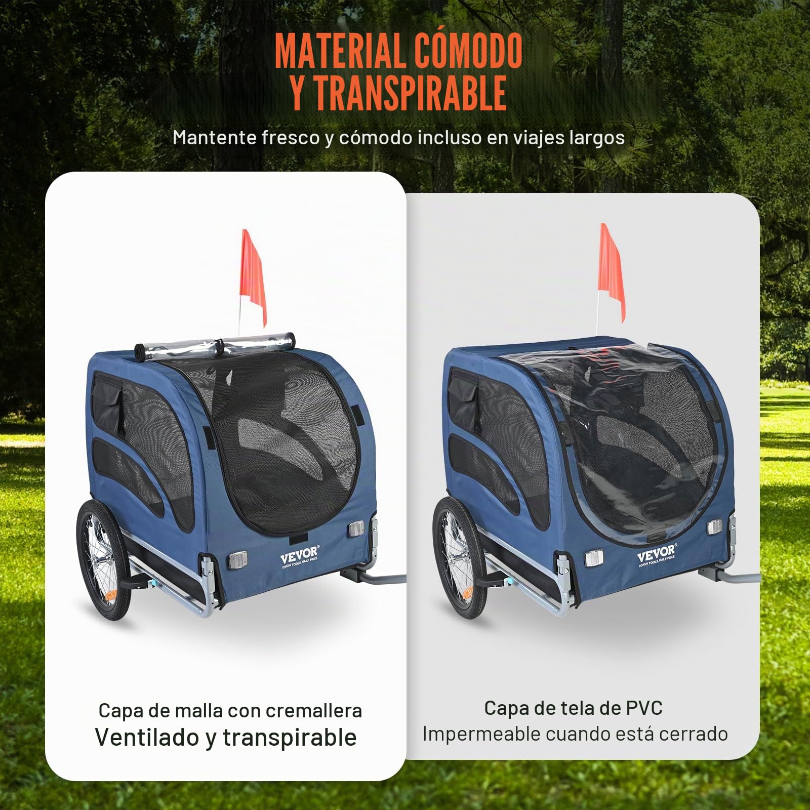 VEVOR Remolque para Perros, 30 kg, Acero al Carbono, Tejido Oxford 600D, Polipropileno, Plegable, 1440 x 720 x 779 mm, tamaño Plegado 760 x 560 x 195 mm, Color Naranja y Gris