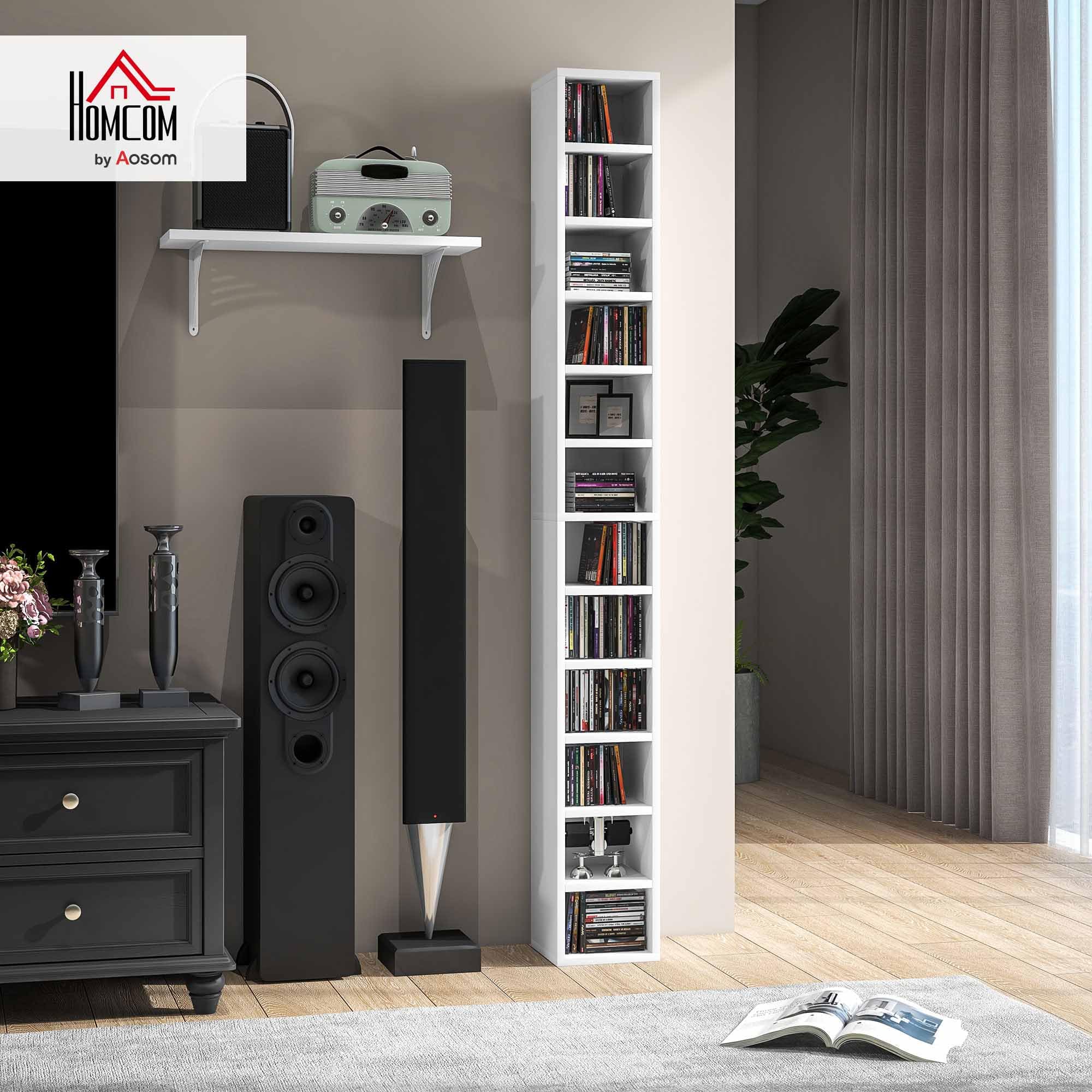 HOMCOM Contenitori per CD e DVD, ripiano a colonna, contenitore con 12 scomparti, capacità massima 204 CD, 21 x 20 x 175 cm, bianco