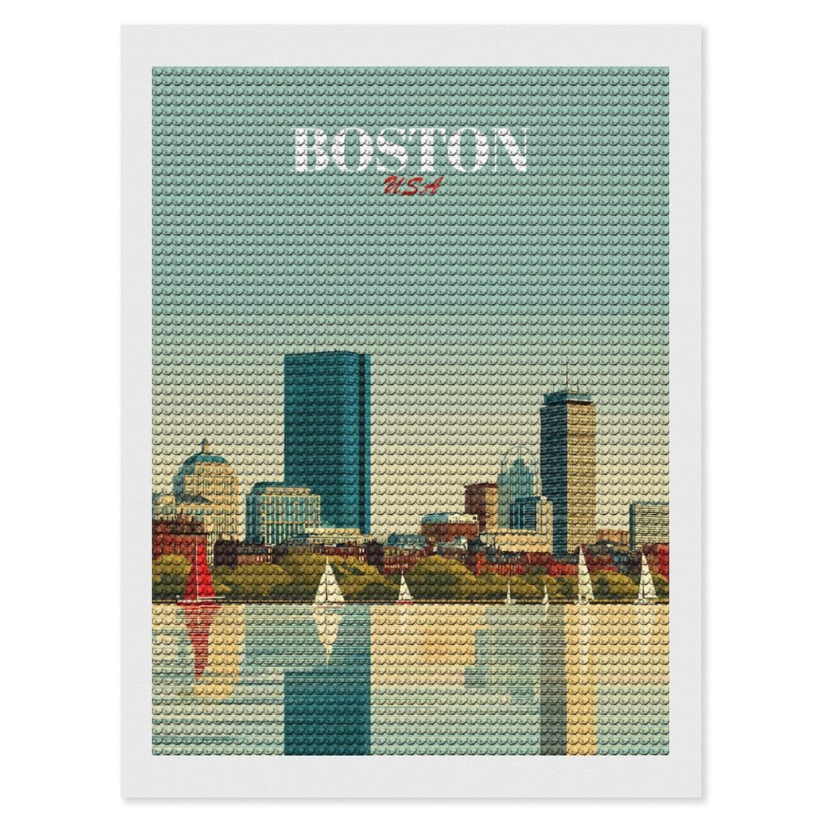 Junmoney Boston USA Skyline Art Diamond Painting Canvas Set 12"x16", Mindful Craft Activity, Nice Detail and Sparkle, Farmhouse Decor, Birthday Gift