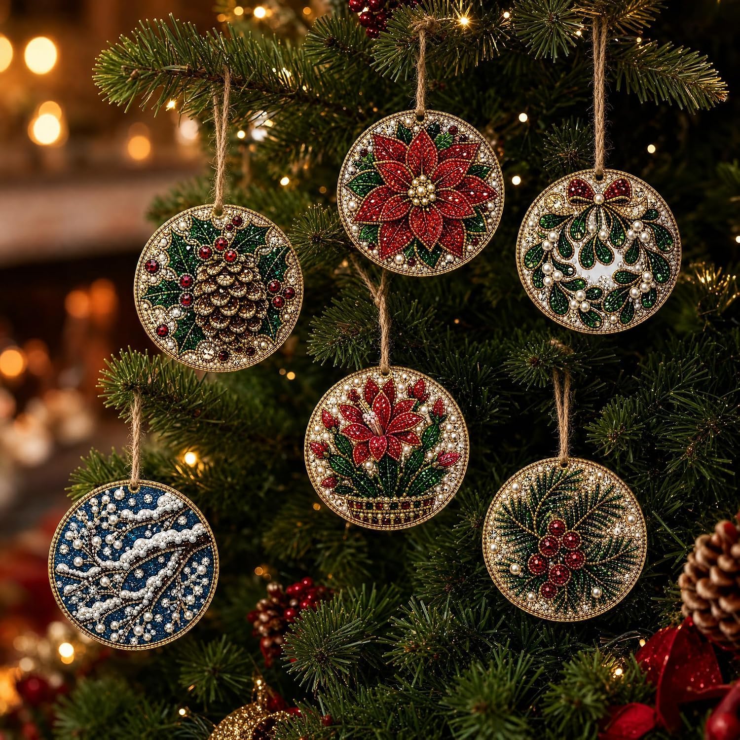 Alloyseed 6PCS Christmas Wooden 3D Pearl Diamond Painting Art Kit (#C)