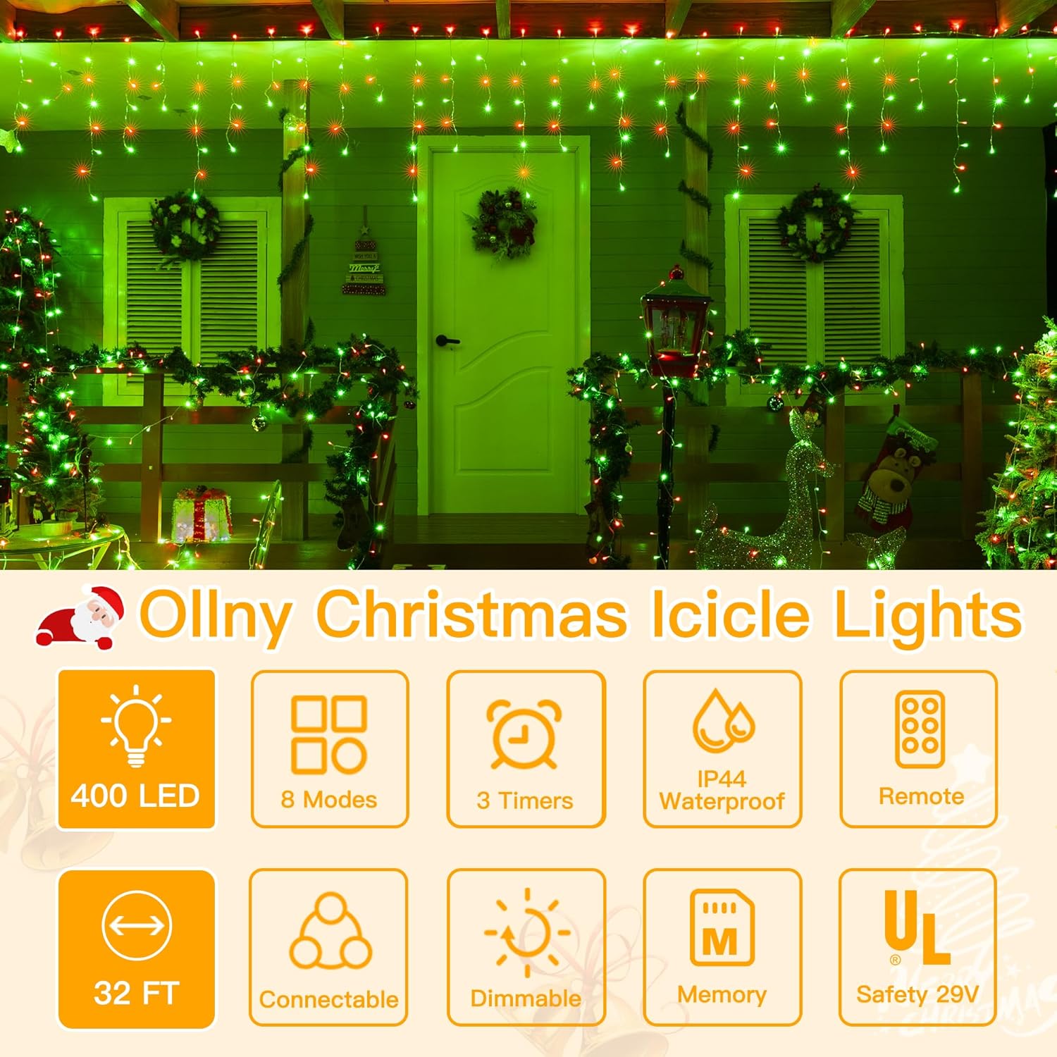 Ollny Icicle Lights for Outside 400LED 32FT, Red and Green Christmas Light with Remote 8Modes Timers Waterproof, Plug in Connectable Hanging Lights for Outdoor Indoor House Roof Holiday