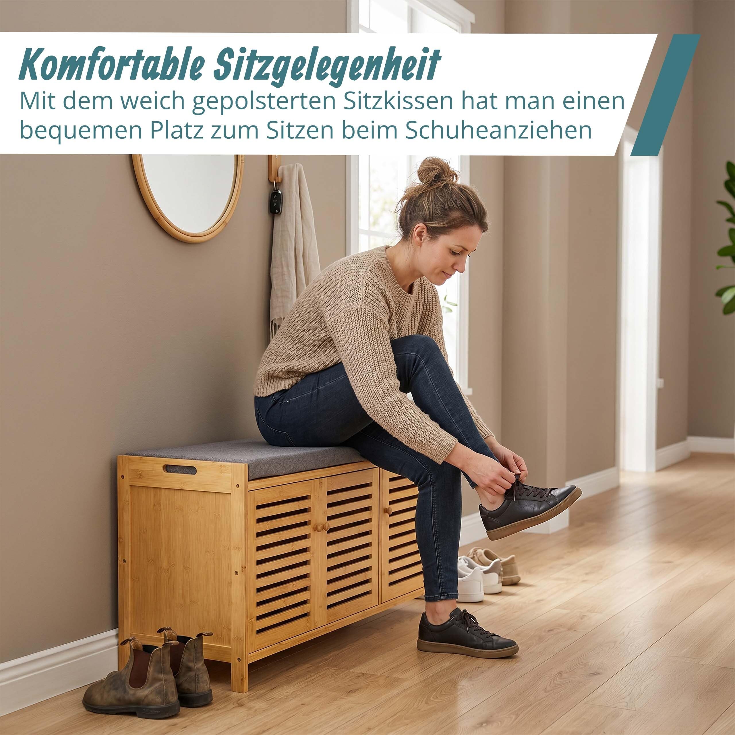 Relaxdays Schuhbank, gepolsterte Sitzfläche, Bambus, 3 Fächer, Natur/grau