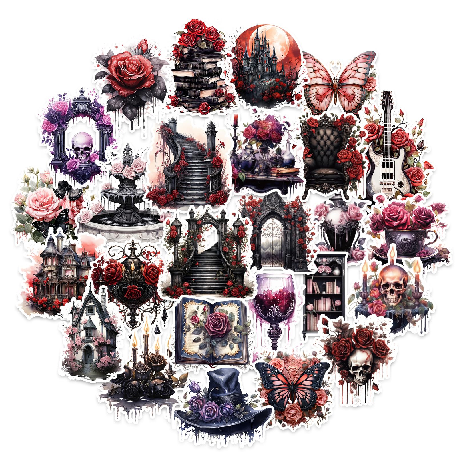 100 Pcs Dark Aesthetic Goth Style Stickers, Vintage Rose Skull Stickers Horror Vinyl Decals for Water Bottles Laptop Phone Scrapbook Junk Journal Collage DIY Crafts