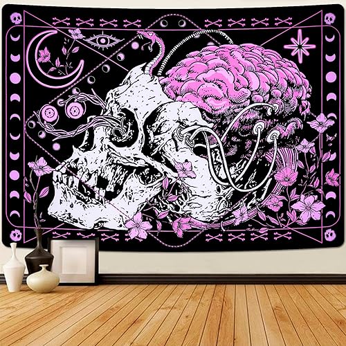 Invoibler Tapiz de cerebro de calavera y ojos de esqueleto, tapiz gótico de serpiente, tapiz de flores psicodélicas, tapiz de horror de fase lunar
