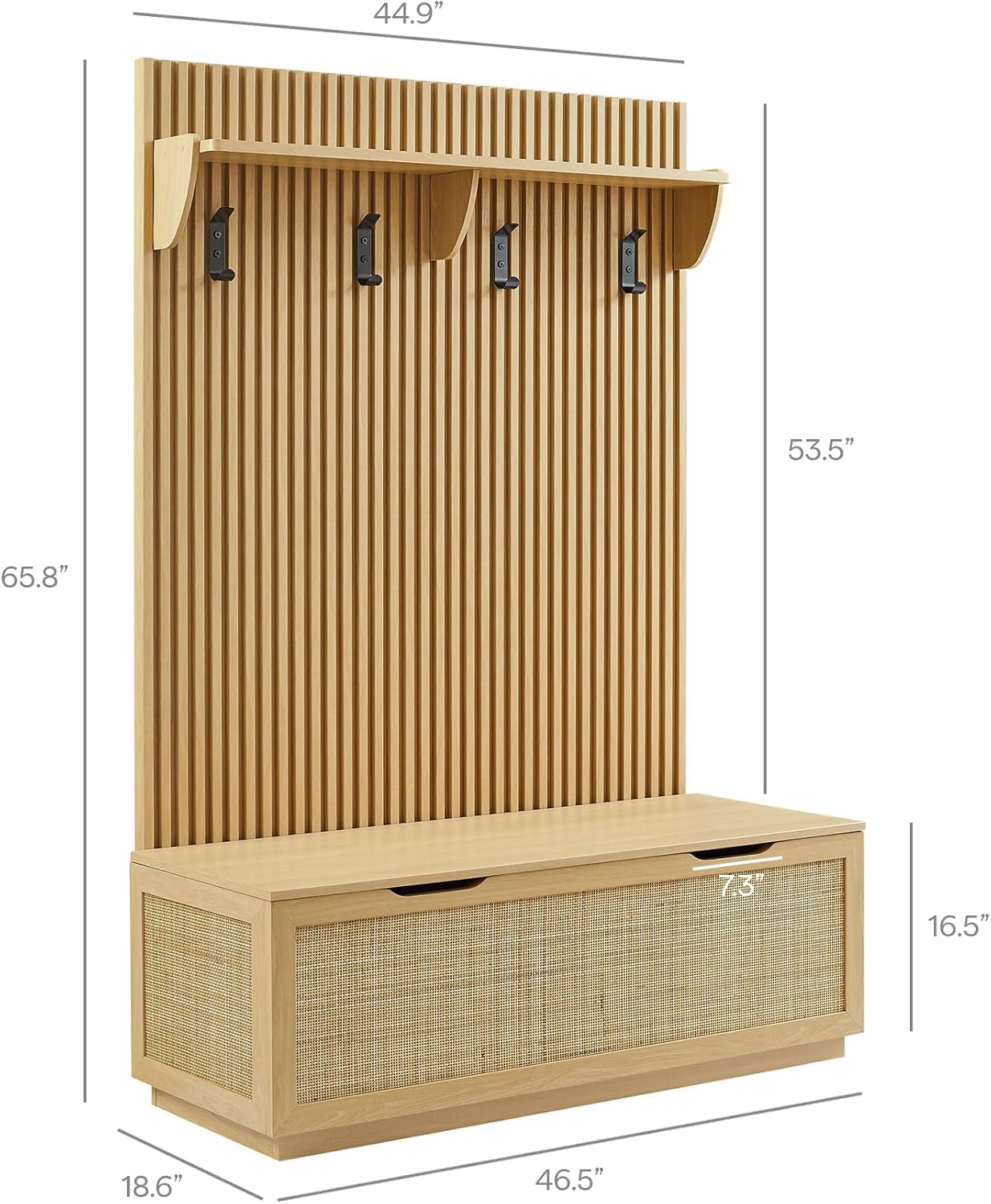 Modway Soma 3-in-1 Hall Tree in Light Oak with Rattan Storage Bench and Fluted Coat Rack – 2-Piece Entryway Storage Set with Hooks, Shelf, and Bench