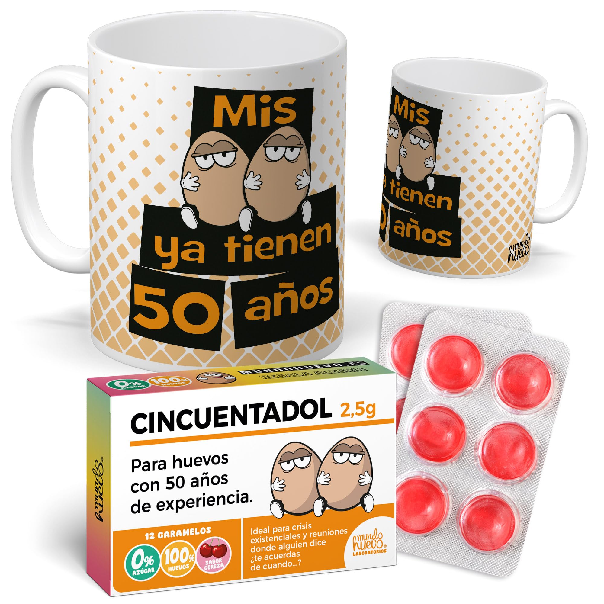 mundohuevo Pack Regalo 50 Años Hombre| Taza Divertida Mis Huevos ya tienen 50 Años + Caramelos de Broma Cincuentadol | Detalle Original y Gracioso para Cumpleaños Especial