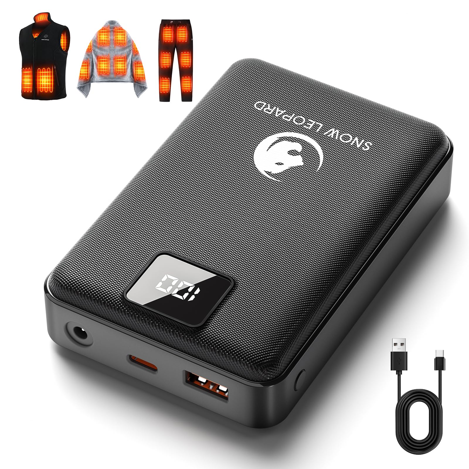 SNOW LEOPARD Heated Vest Battery Pack 7.4v 16000mah Power Bank for Heated Jacket with LED Display Battery Pack for Heating Vest with Dc/USB/Type-C