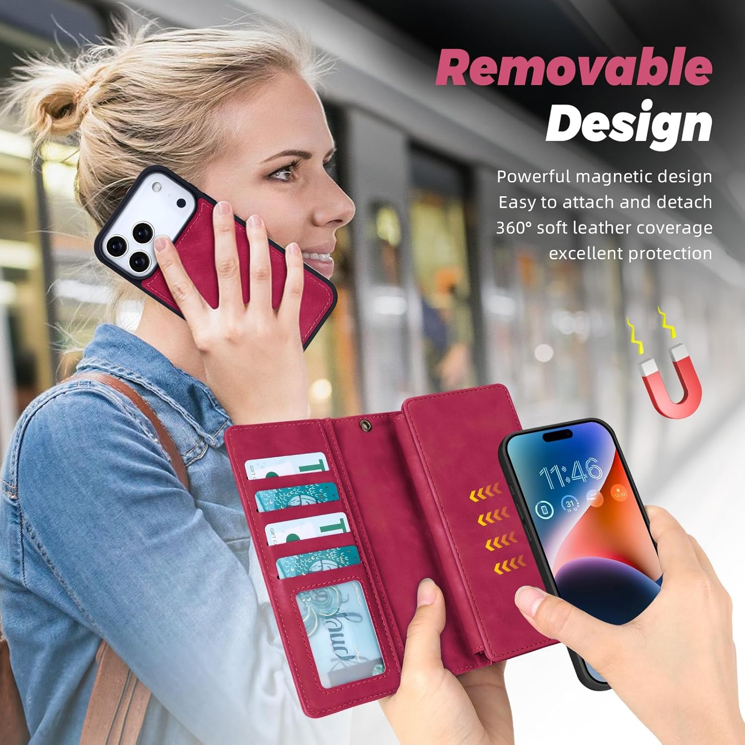 TwoHead Wallet Case Compatible with iPhone 17 Pro,Detachable,Magnetic,11 Cards Holder,PU Leather All-Round Protective Phone Case with Change Pocket(6.3 in,Wine Red)