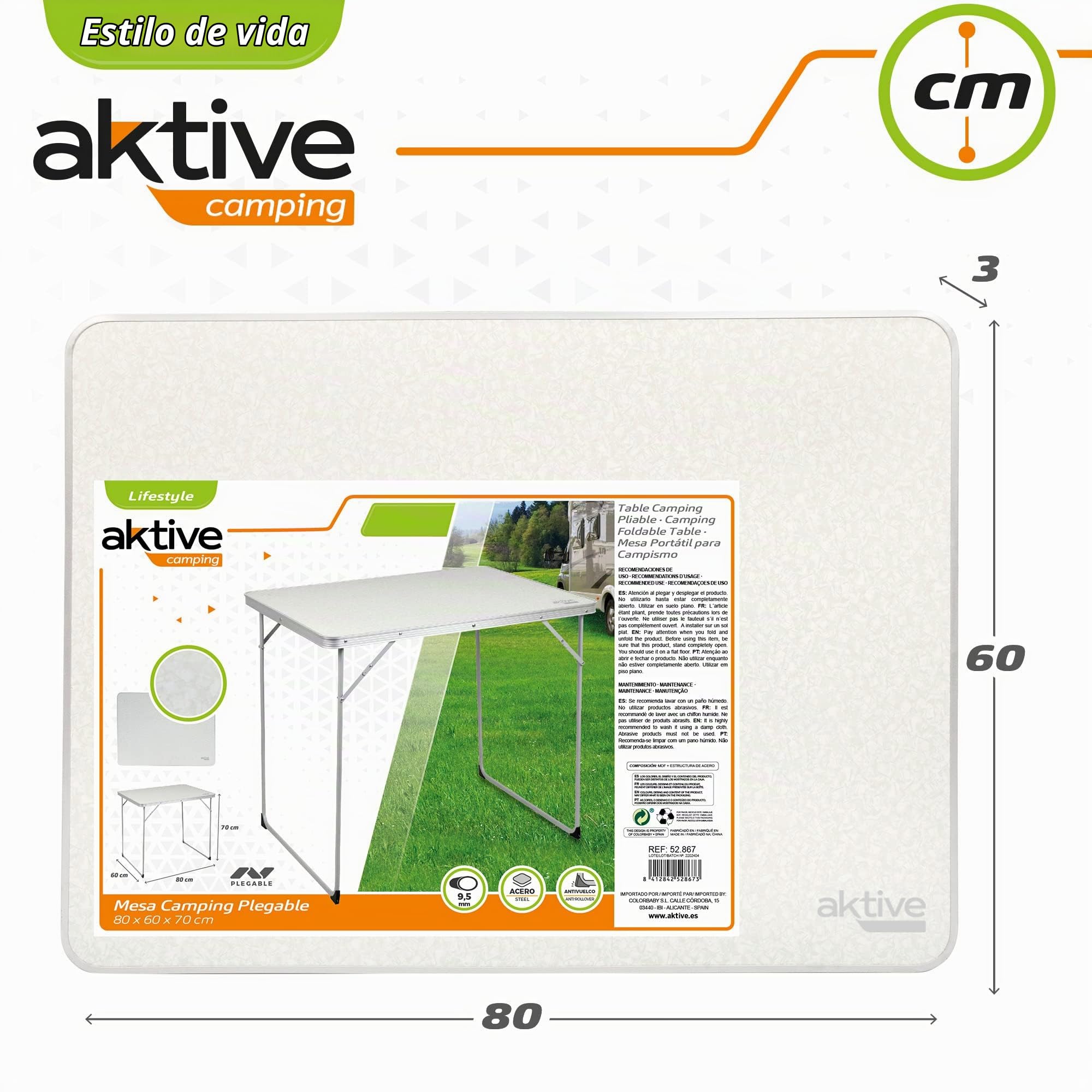 Aktive 52867 - Mesa plegable camping, playa, portátil color blanco, aluminio, resistente, 80x60x70 cm