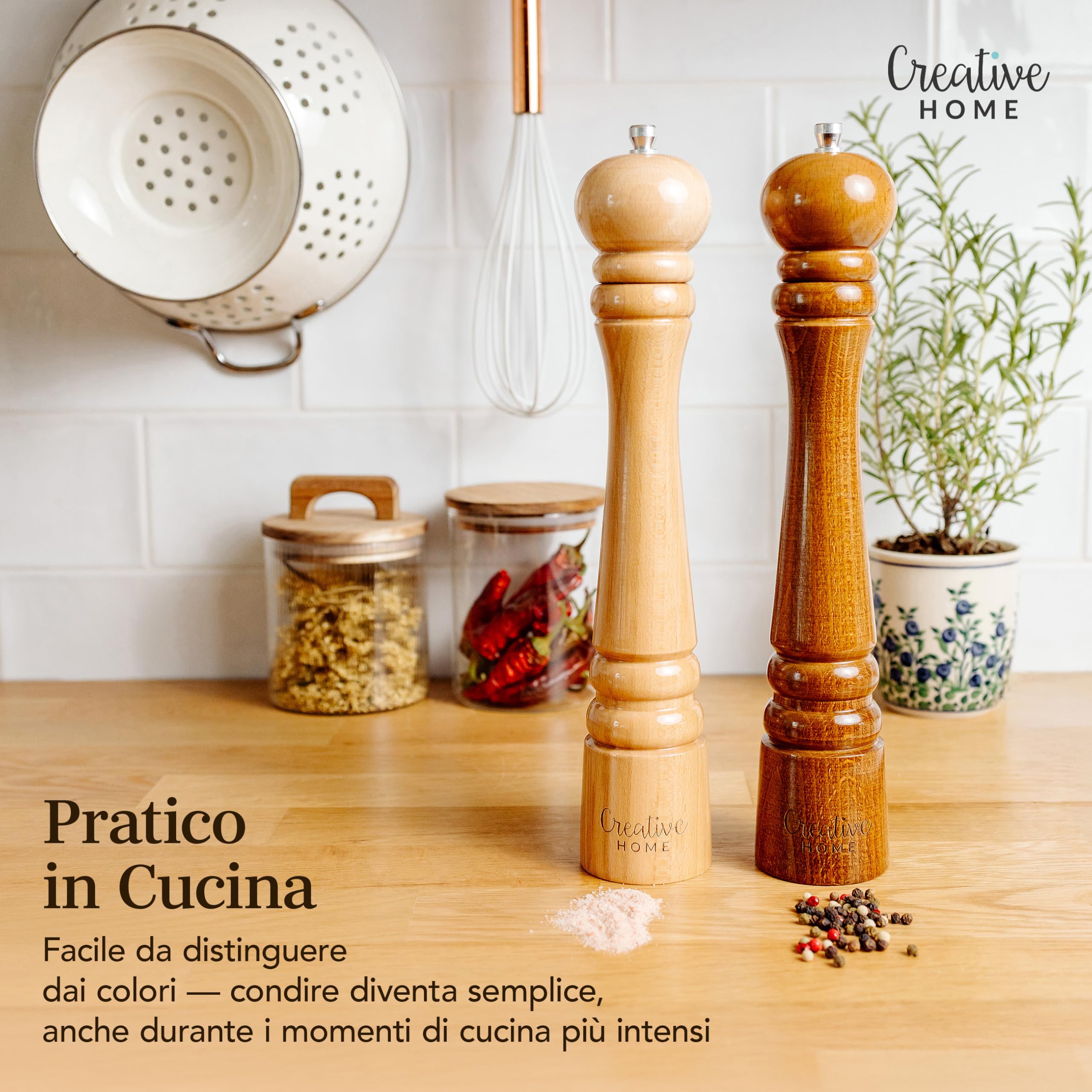 Creative Home Duo macinapepe e sale in legno | 2 macinini con mini cucchiaio | 31,5 cm Altezza | Faggio naturale | Meccanismo di macinazione manuale | Saliera e pepe