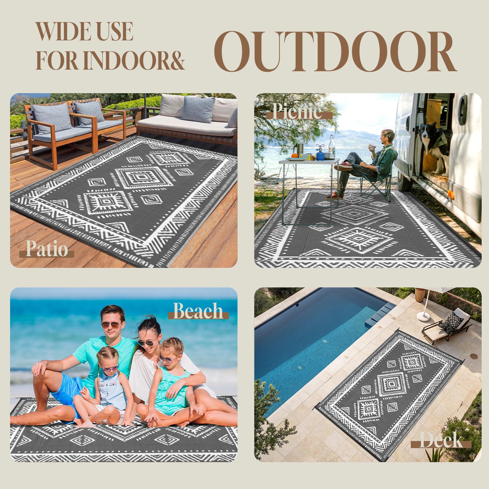 OMERAI Tapis d'Extérieur pour Terrasse Tapis de Camping en Plastique Recyclé Léger et Réversible à l'Extérieur Tapis de Jardin Facile à Nettoyer et Imperméable aux UV Gris 180X270CM