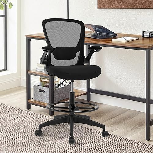 Silla de dibujo, silla de oficina alta para escritorio de pie, silla ergonómica de malla con brazos abatibles y anillo de pie ajustable, sillas de
