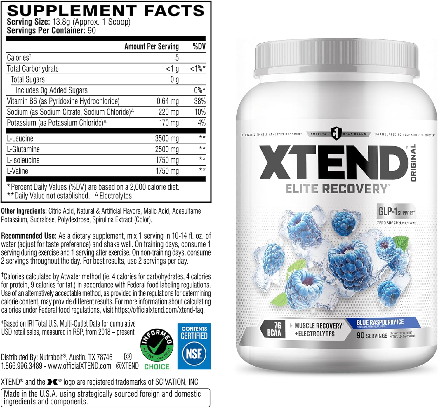 Xtend Original BCAA Powder, 7g BCAAs and 2.5g L-Glutamine for Muscle Recovery Hydration and Lean Muscle, Sugar Free Intra and Post Workout Drink with Electrolytes, Blue Raspberry Ice, 90 Servings