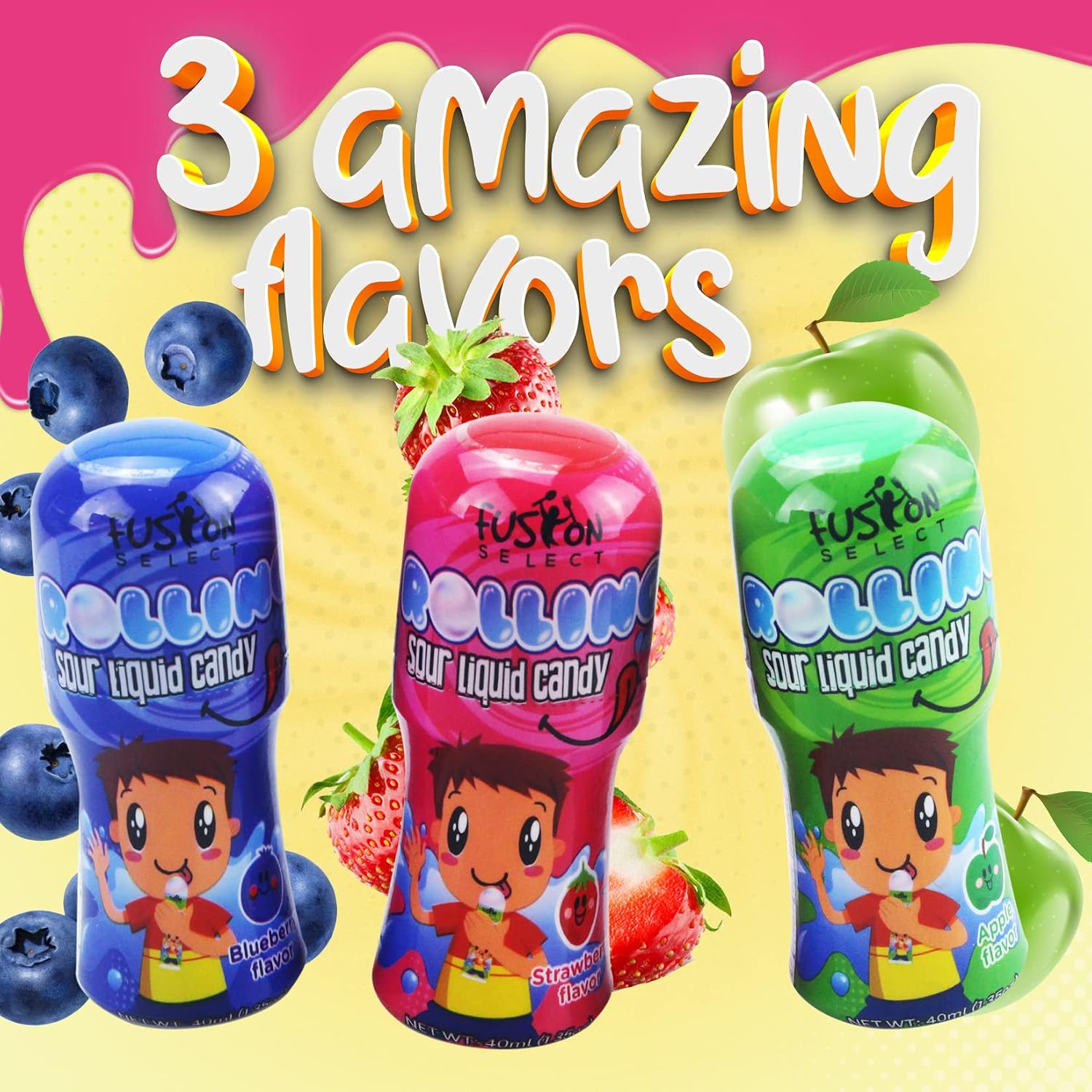 Fusion Select 12 Packs Assorted Flavor Blueberry Green Apple Strawberry Sweet & Sour Slime Rolling Liquid Licker Candy Tik Tok Challenge Candy