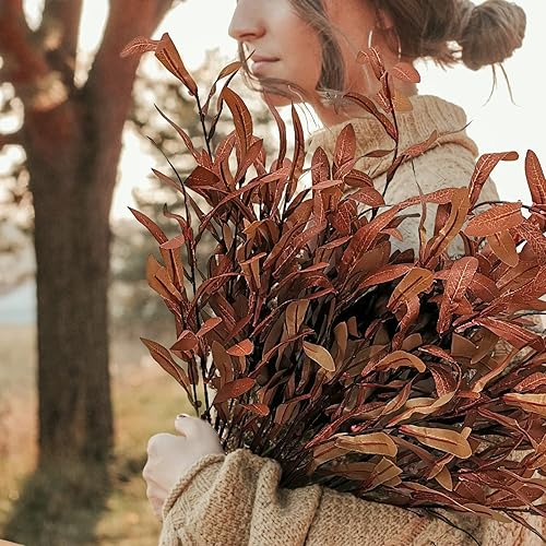 Miniatura 4 de SNAIL GARDEN 5 hojas de olivo artificiales de otoño, tallos de 37 pulgadas de largo, hojas de eucalipto de seda, plantas falsas en aerosol para el