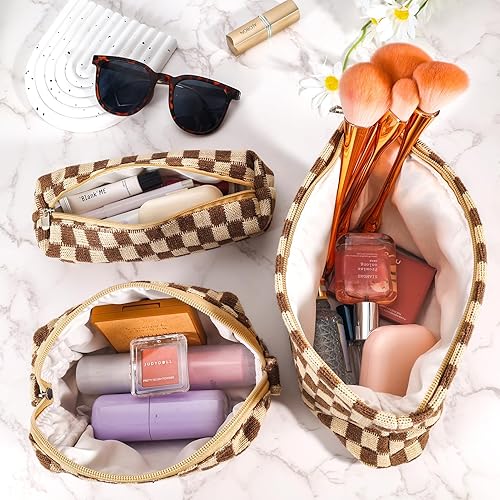 Miniatura 2 de ZLFSRQ Bolsa de maquillaje a cuadros para mujer, juego de bolsa de cosméticos de gran capacidad, bolsa de maquillaje de viaje para bolso,