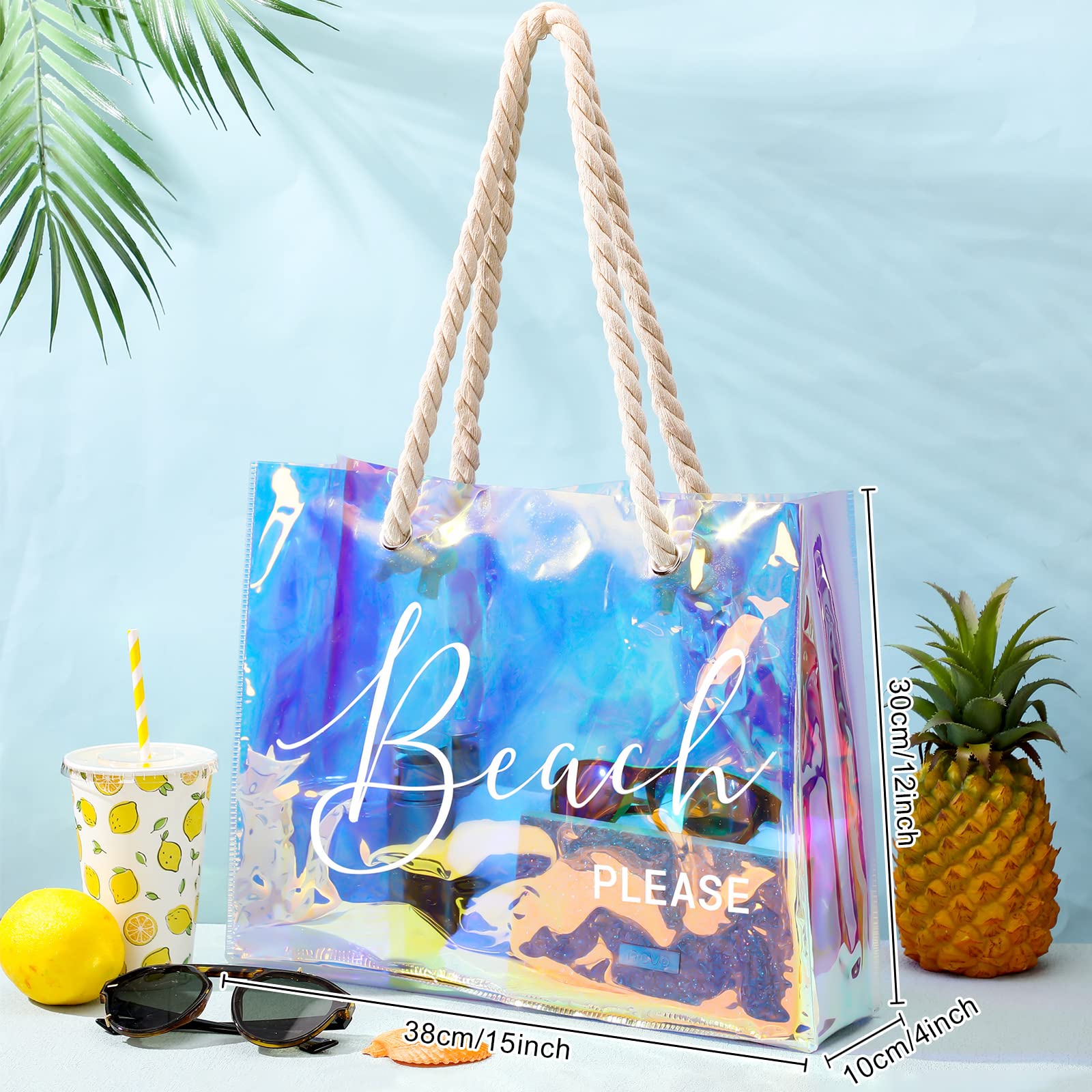 Sweetude Clear Beach Tote Bag Transparent Plastic PVC Women's Large Tote Waterproof Stadium Bags for Girl Summer Pool Party(Holographic)