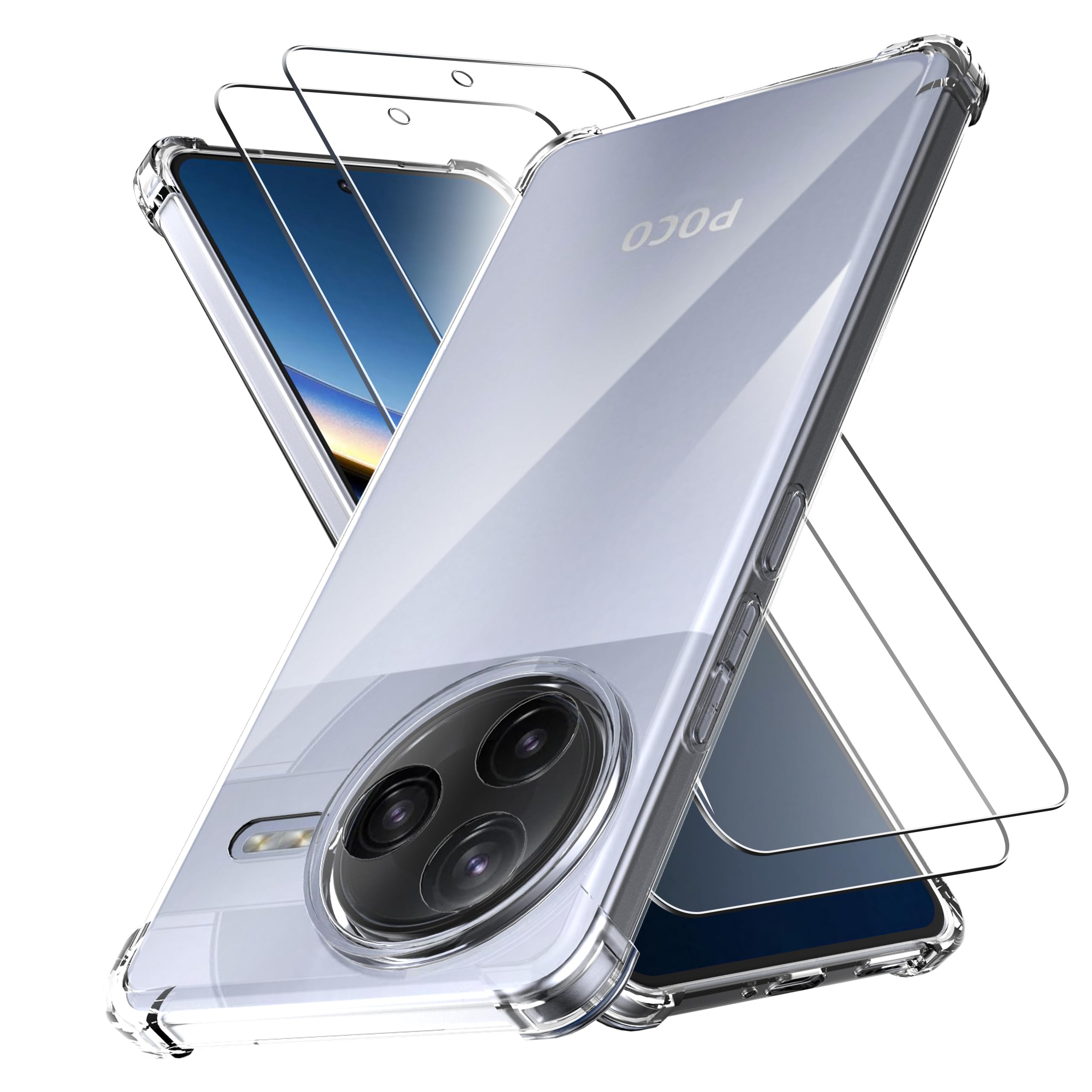 Cover 5-in-1 Per Xiaomi Poco F7 Pro: Custodia Trasparente Silicone + 2 Pellicole Schermo + 2 Protezioni Fotocamera, Chiara